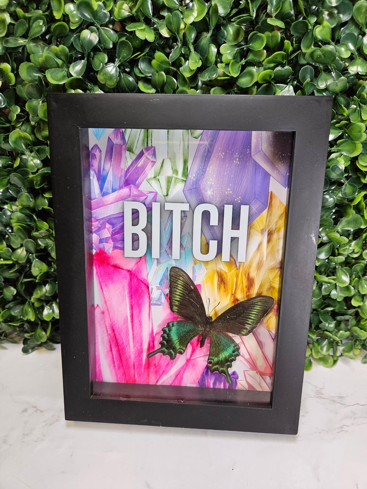 BITCH & CRYSTAL framed green & black butterfly 5x7