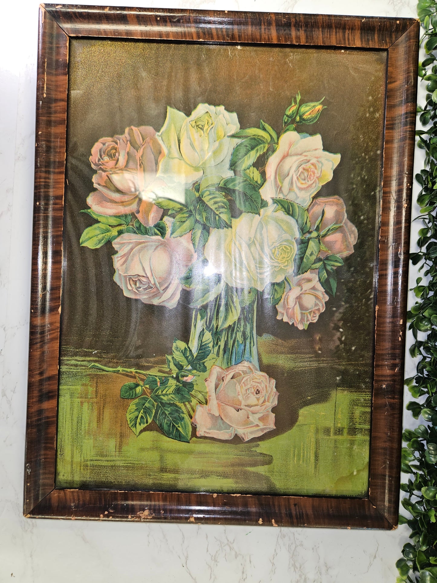ANTIQUE FRAMED Litho- LITHOGRAPH Print 1911 PINK ROSES James Lee Chicago IL - VINTAGE