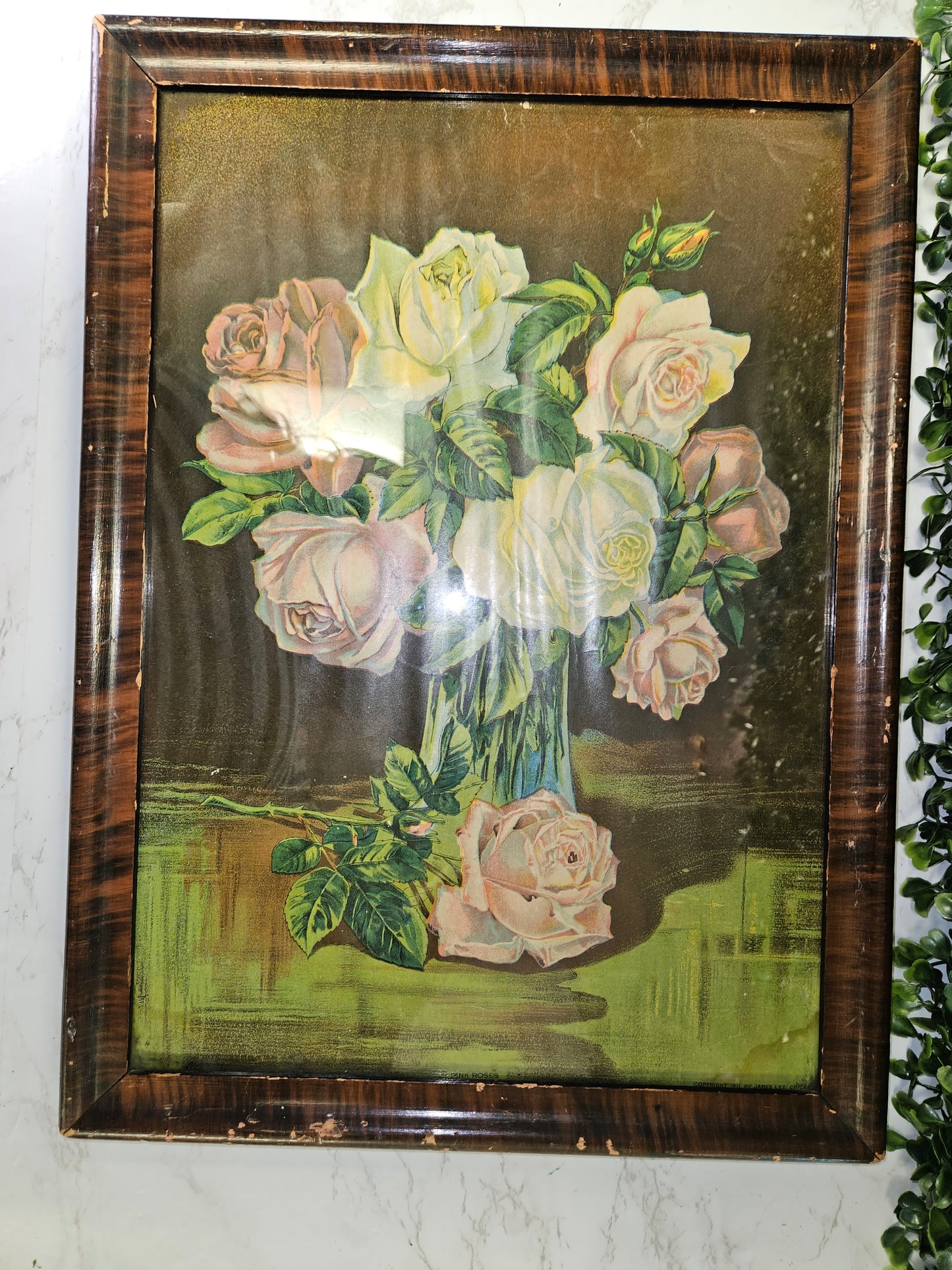 ANTIQUE FRAMED Litho- LITHOGRAPH Print 1911 PINK ROSES James Lee Chicago IL - VINTAGE
