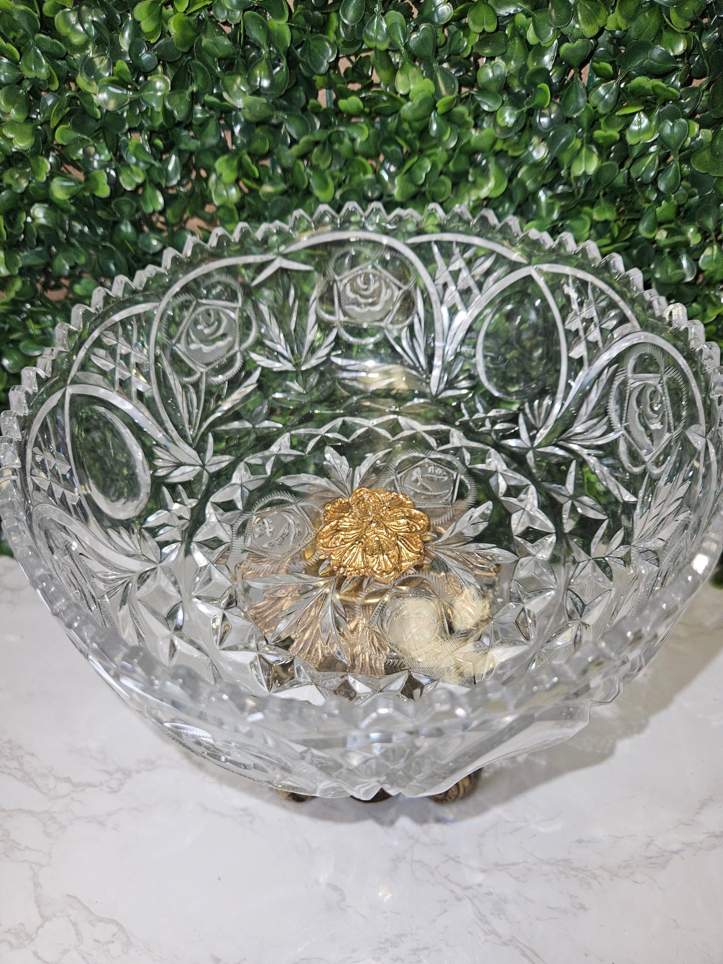vintage ornate brass footed crystal bowl with hnaging crystals