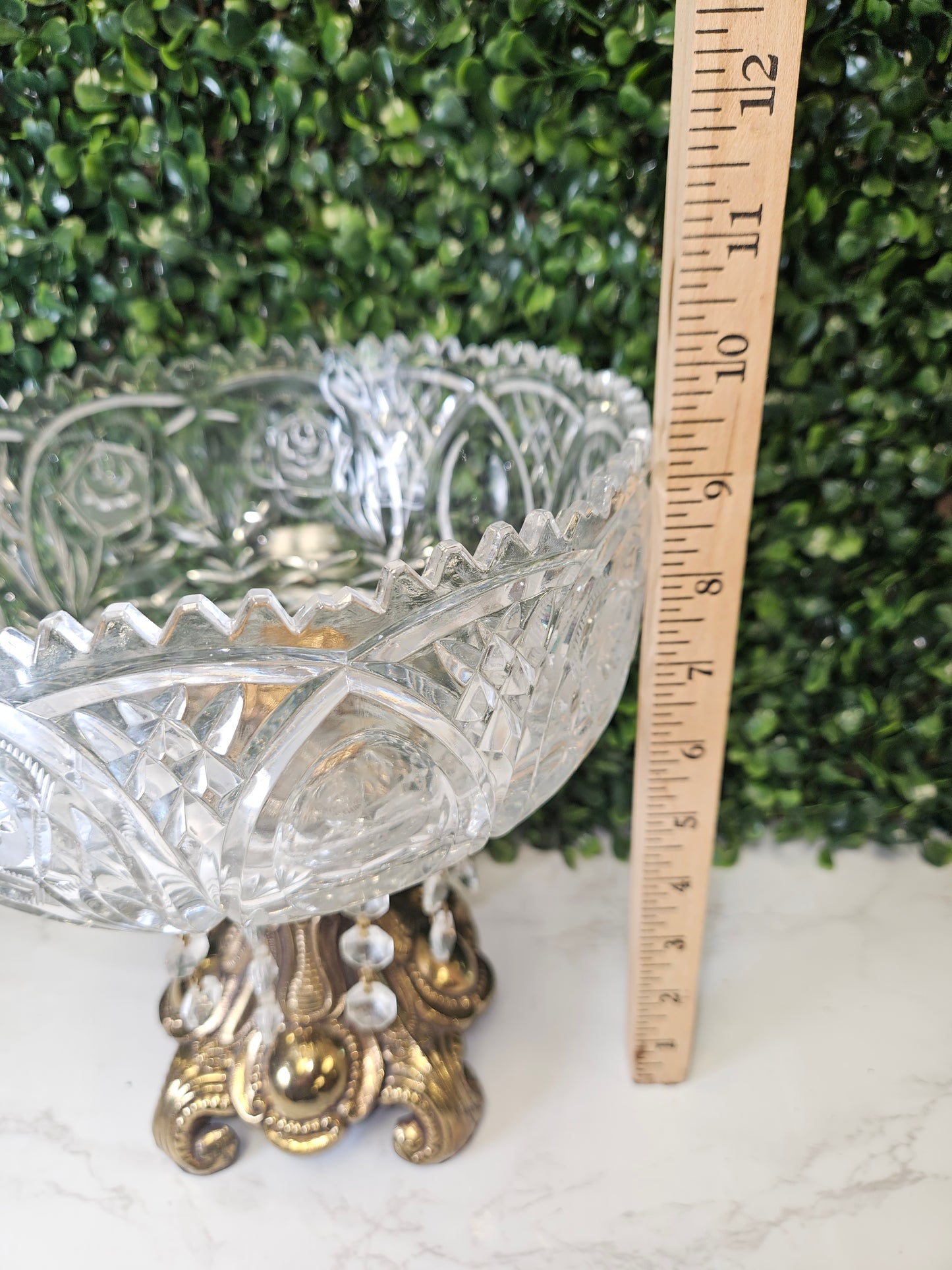 vintage ornate brass footed crystal bowl with hnaging crystals