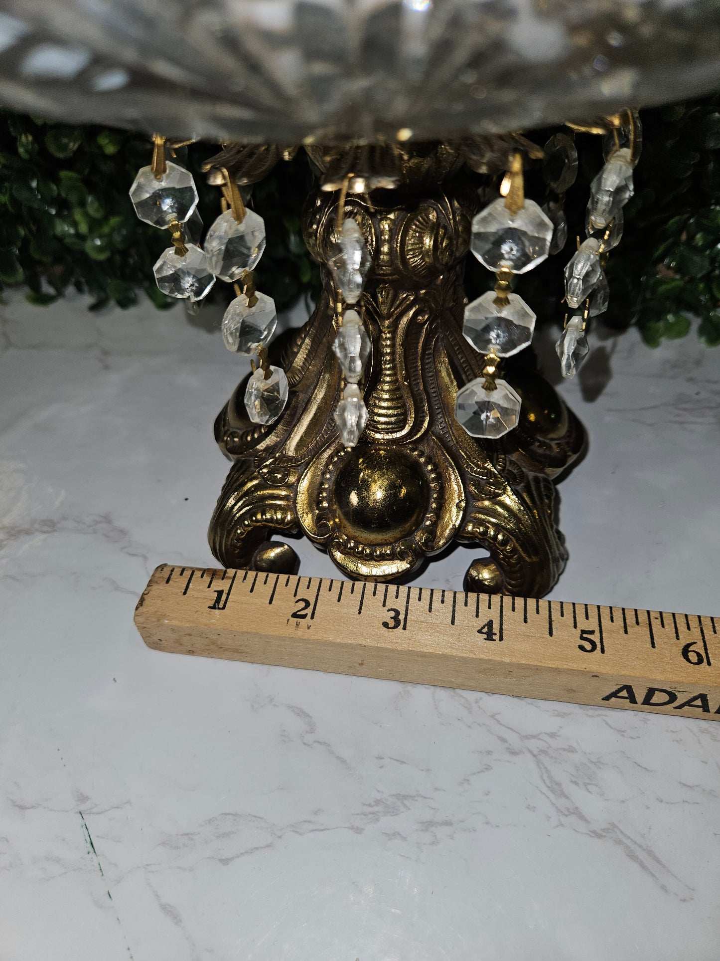 vintage ornate brass footed crystal bowl with hnaging crystals