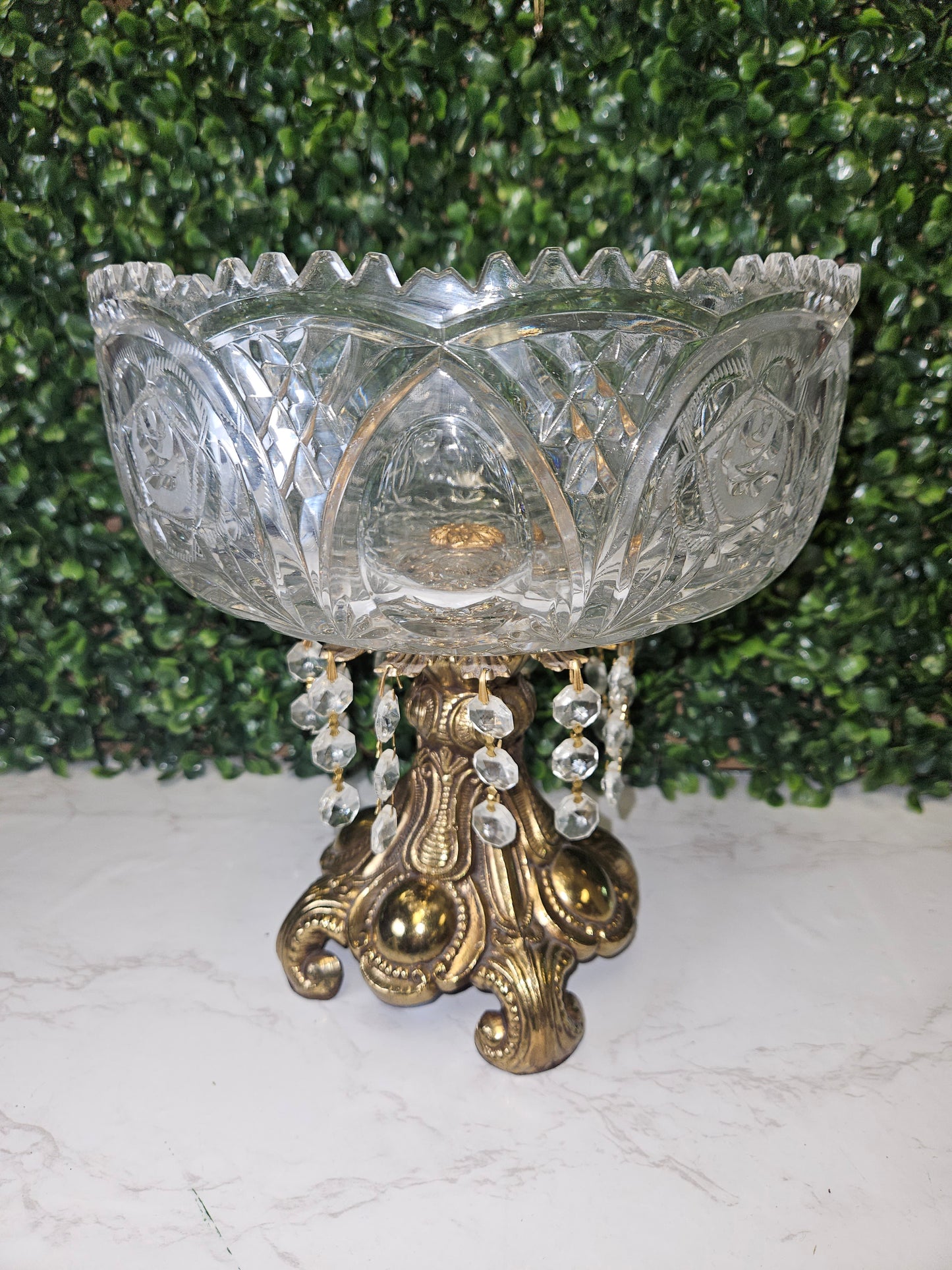 vintage ornate brass footed crystal bowl with hnaging crystals