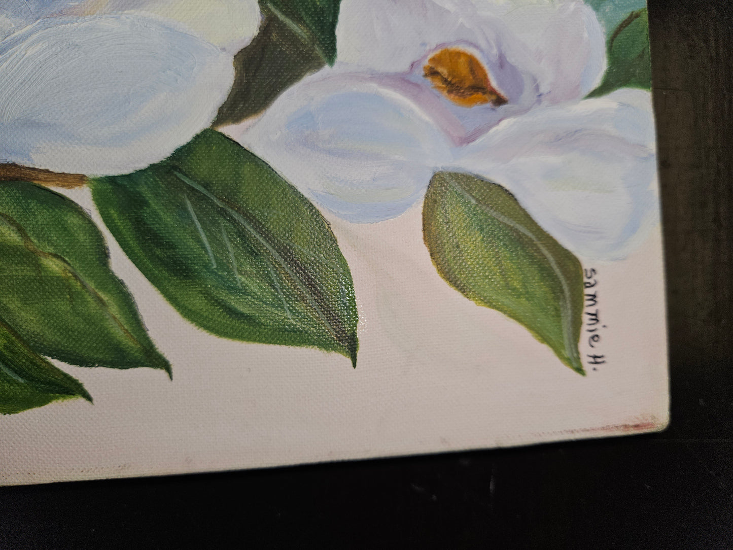 Vintage white gardenia pink & green leaves signed floral painting canvas
