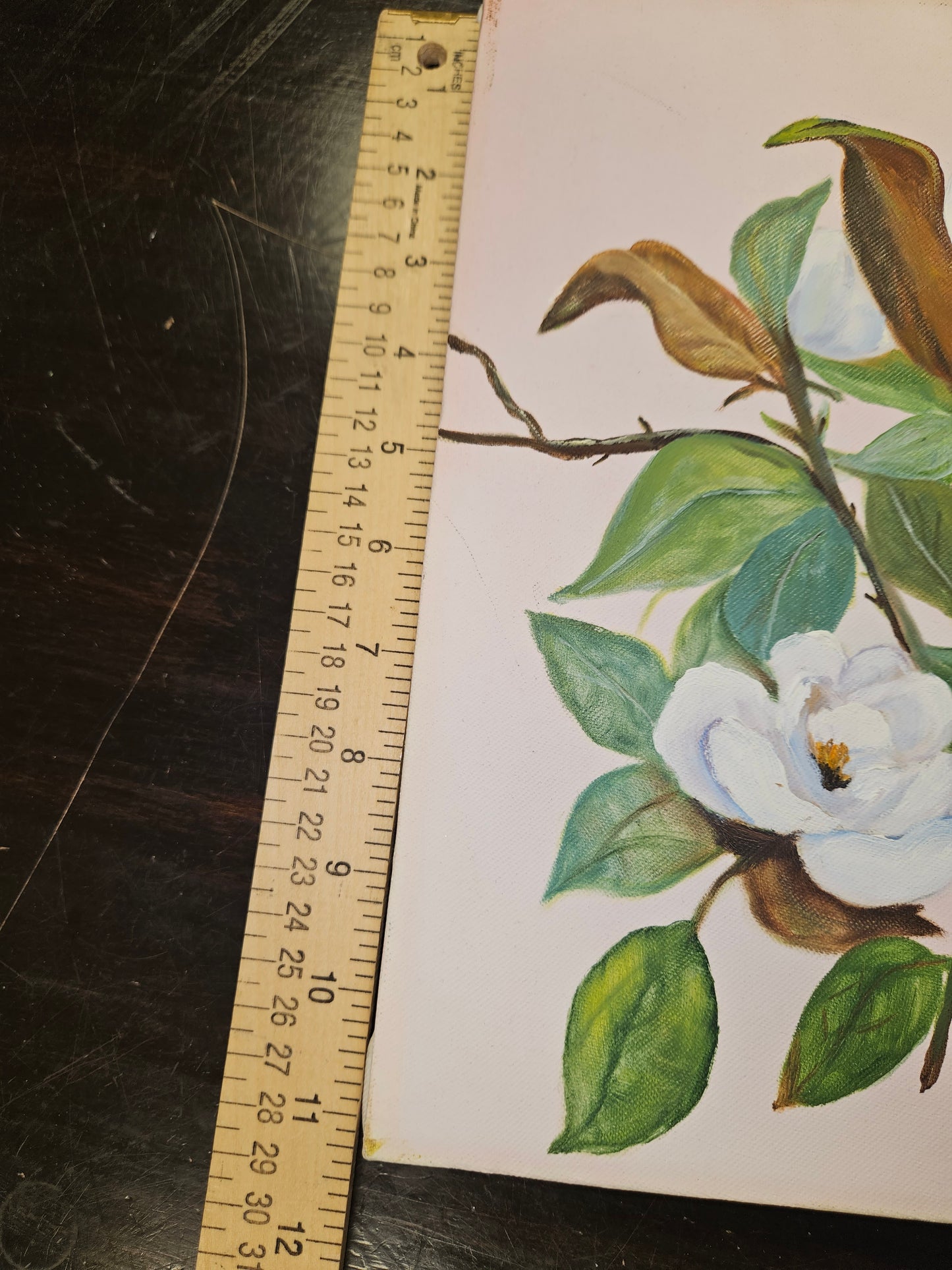 Vintage white gardenia pink & green leaves signed floral painting canvas
