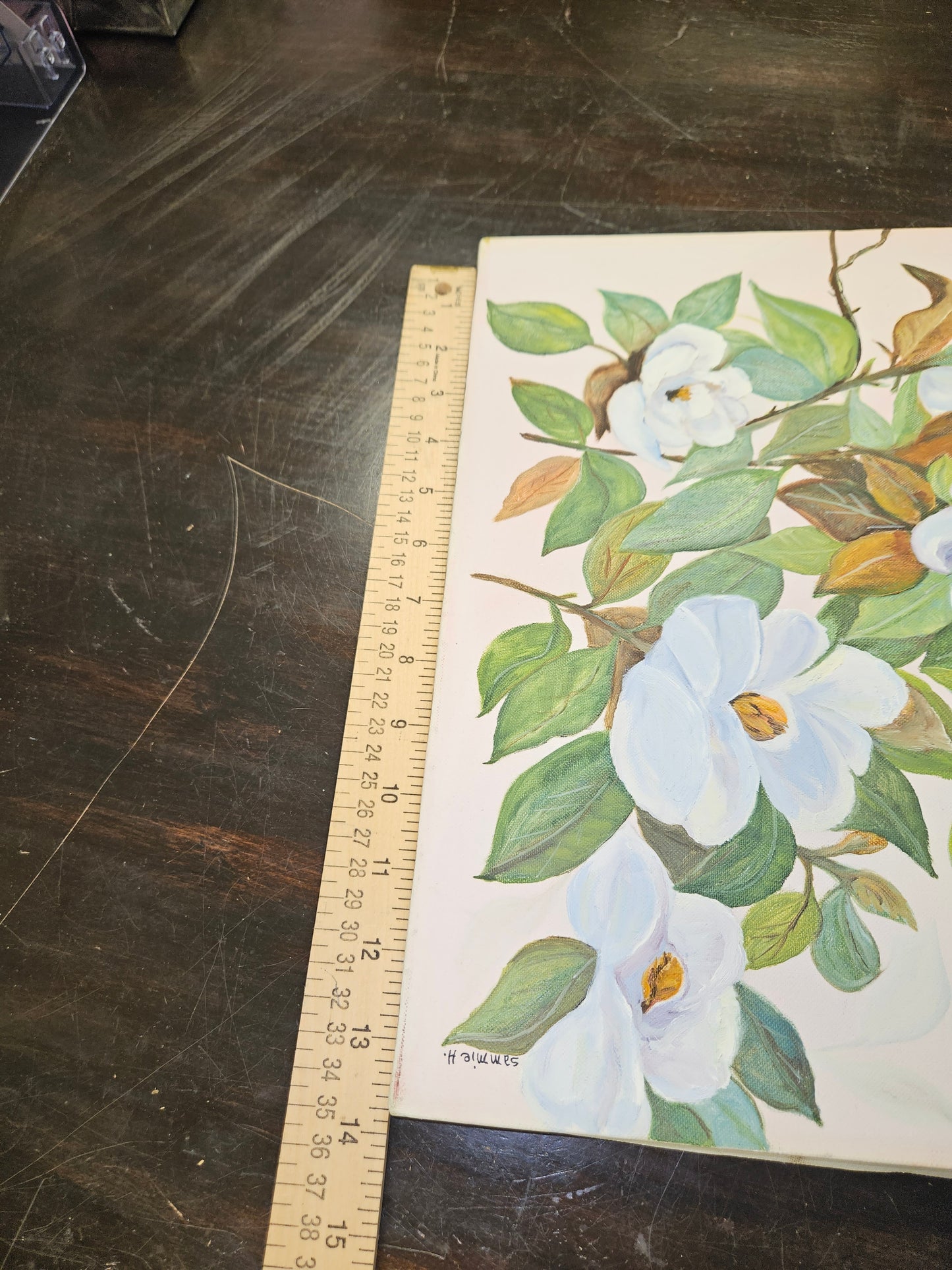 Vintage white gardenia pink & green leaves signed floral painting canvas