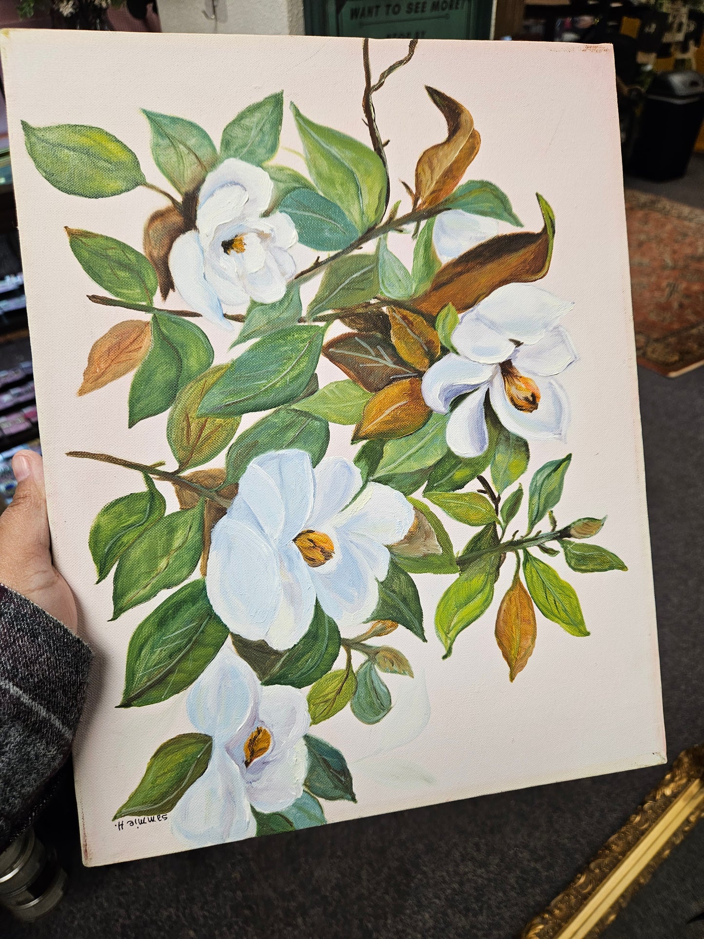 Vintage white gardenia pink & green leaves signed floral painting canvas