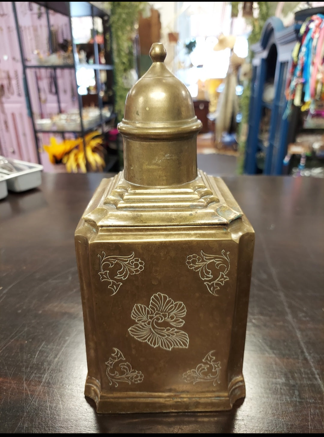 Vintage brass lided jar/ urn - canister floral engraved spice jar tea - bisquit
