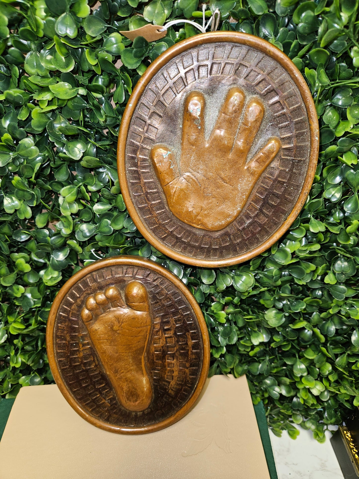 Vintage Darling 1950s baby foot & hand print impression wall plaques Patty Cakes - keepsakes bronze