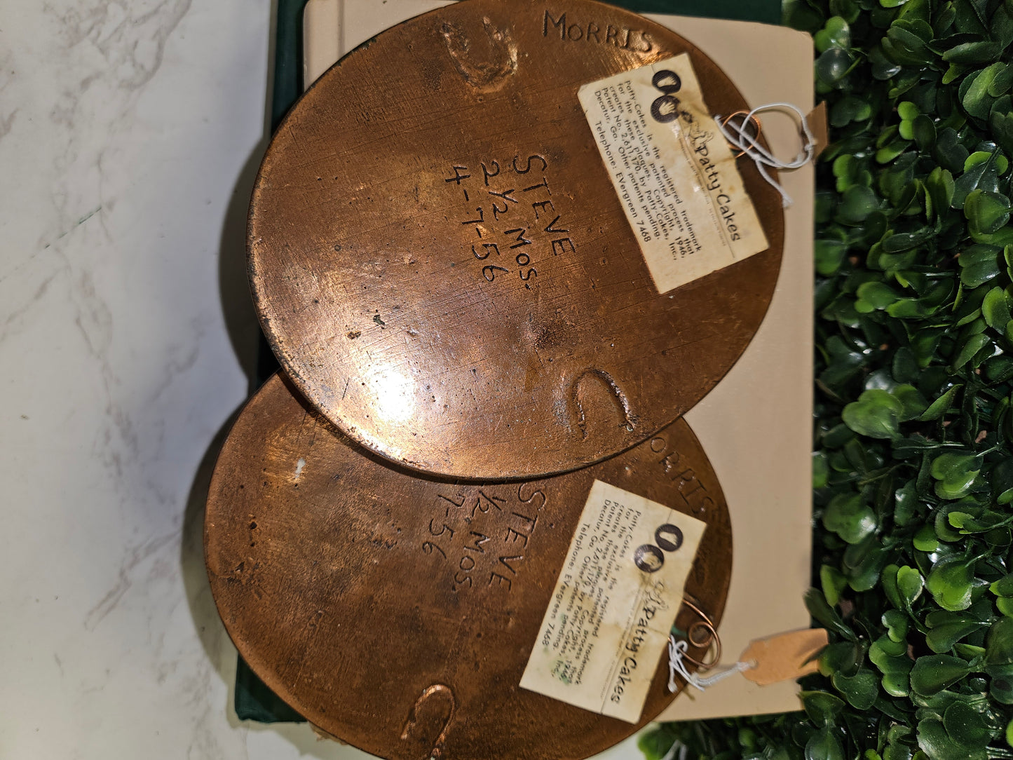Vintage Darling 1950s baby foot & hand print impression wall plaques Patty Cakes - keepsakes bronze