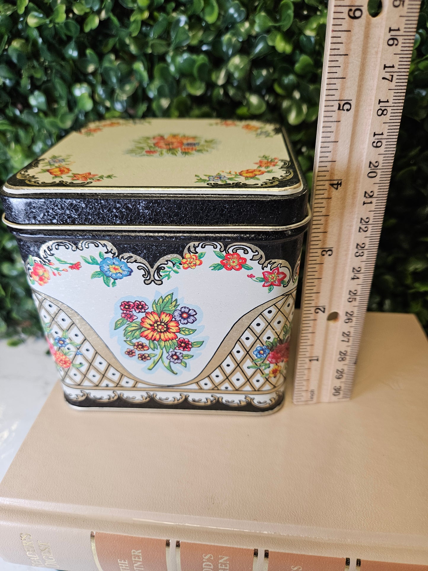 Vintage floral tin - black ,blue, orange