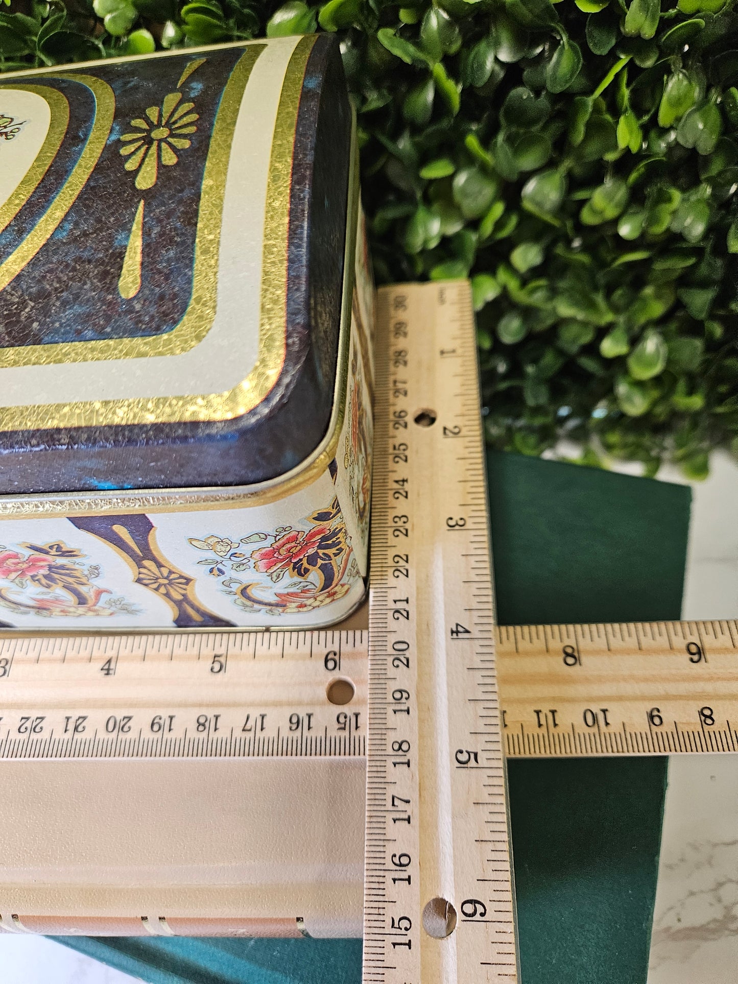 Vintage floral rectangle trunk shape tin - blue - gold trim