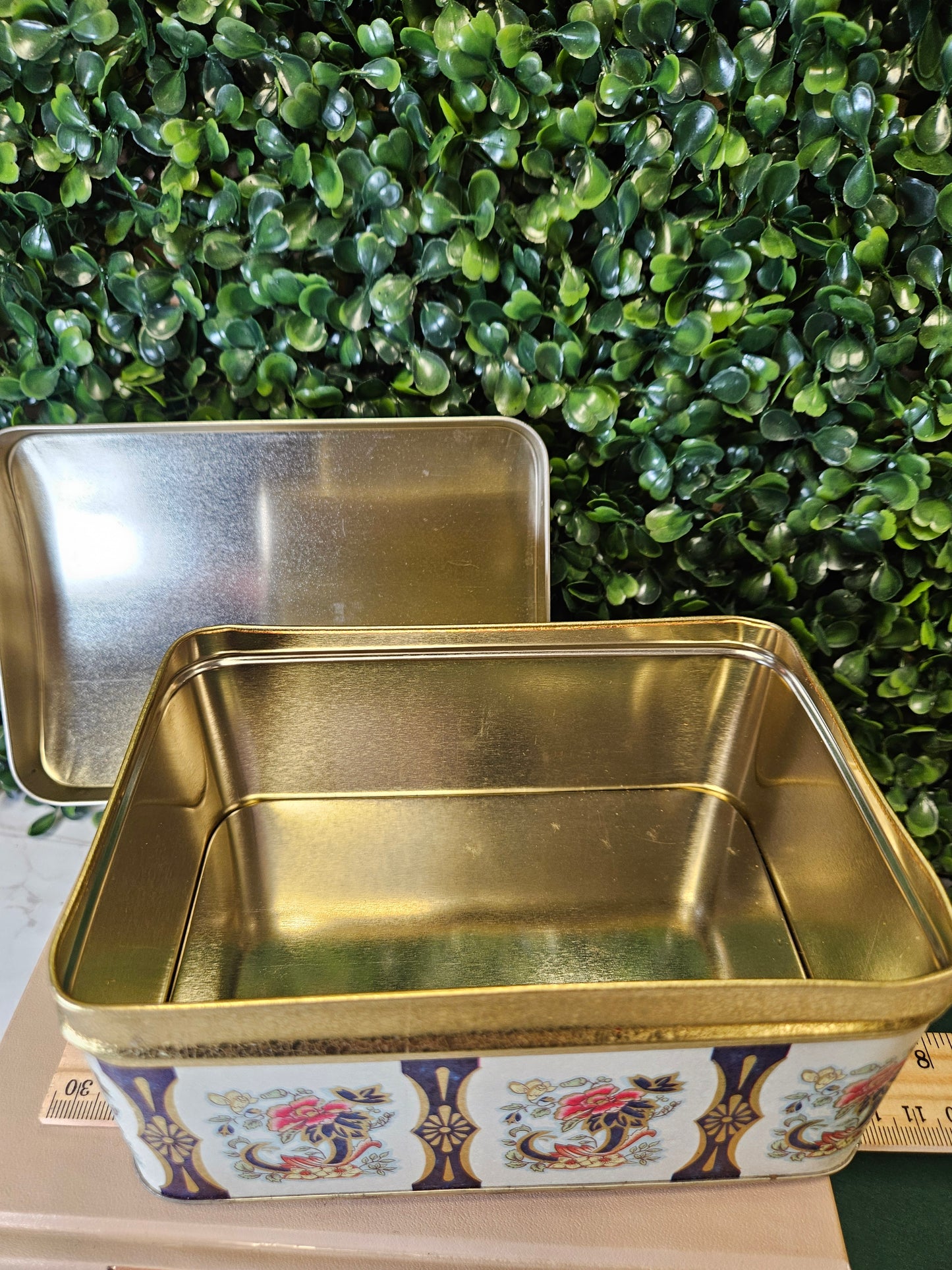 Vintage floral rectangle trunk shape tin - blue - gold trim
