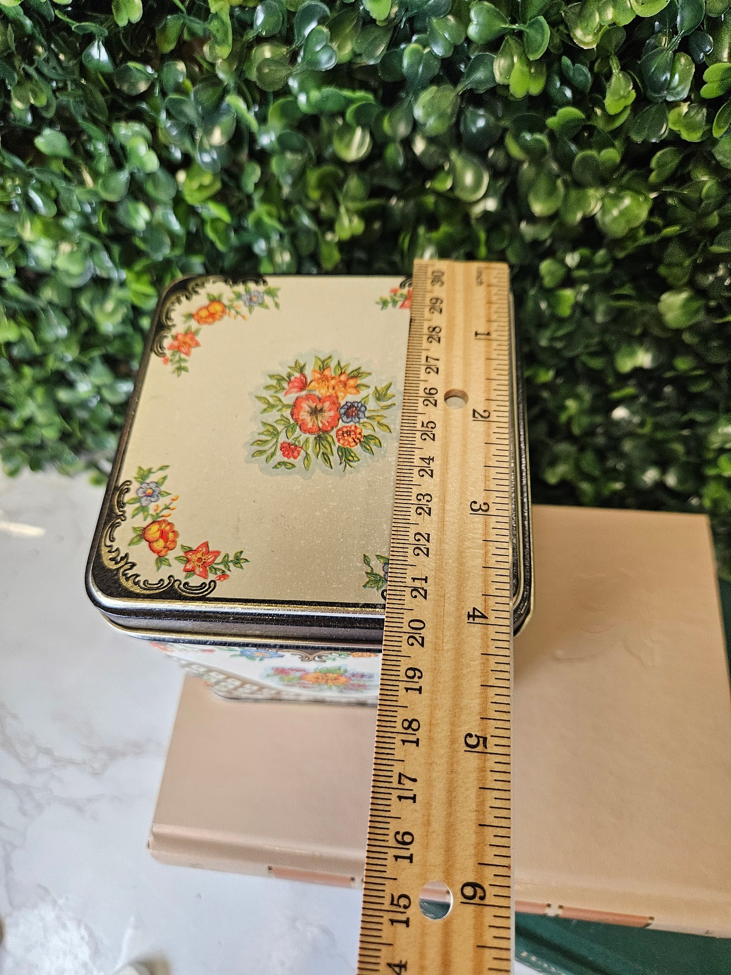 Vintage floral tin - black ,blue, orange