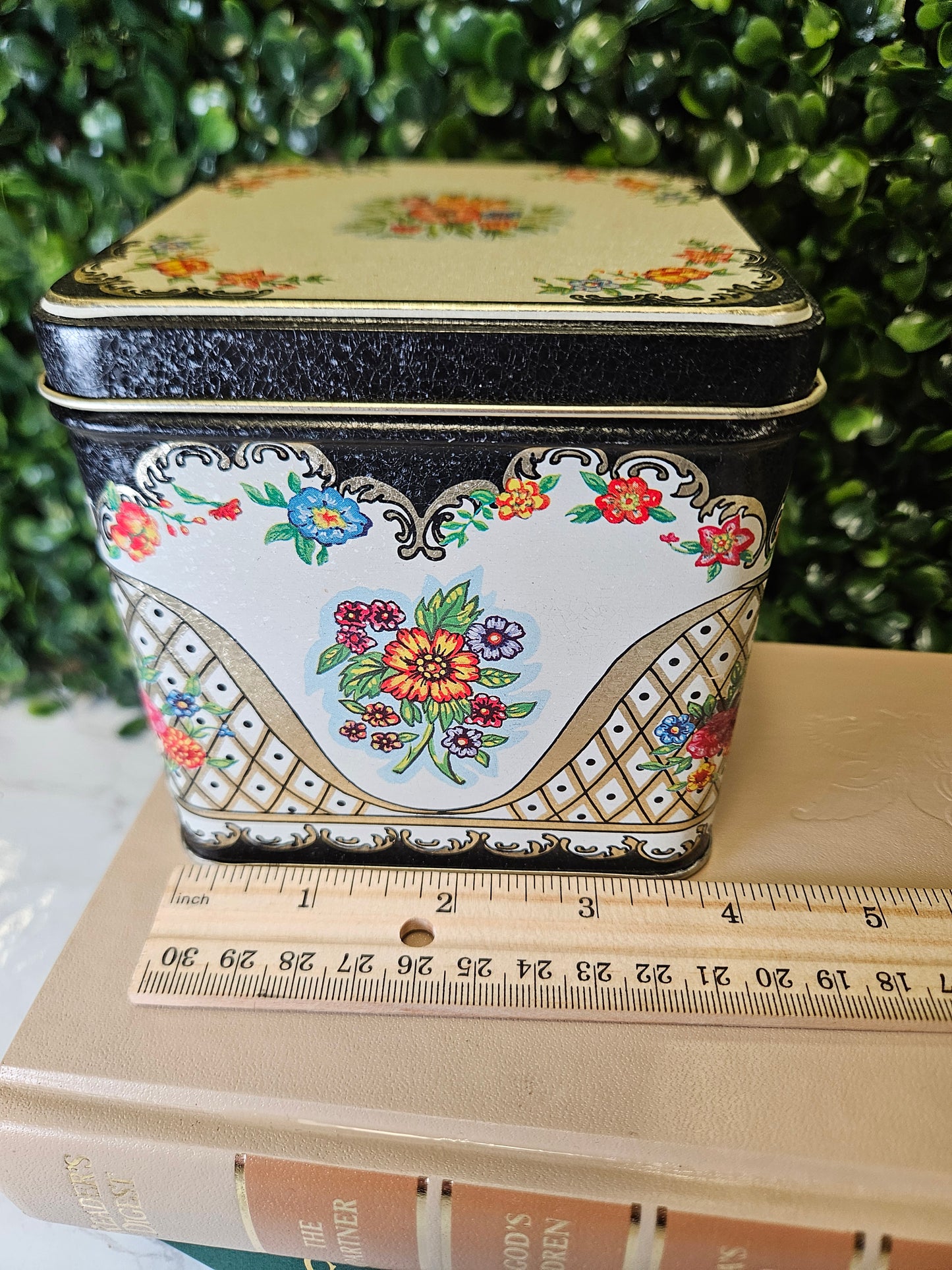 Vintage floral tin - black ,blue, orange