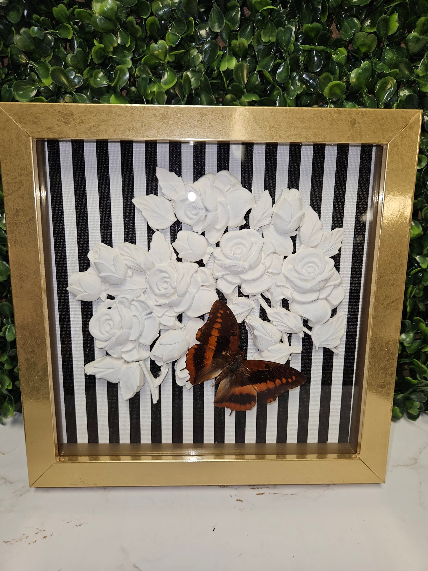 Gold frame White rose butterfly