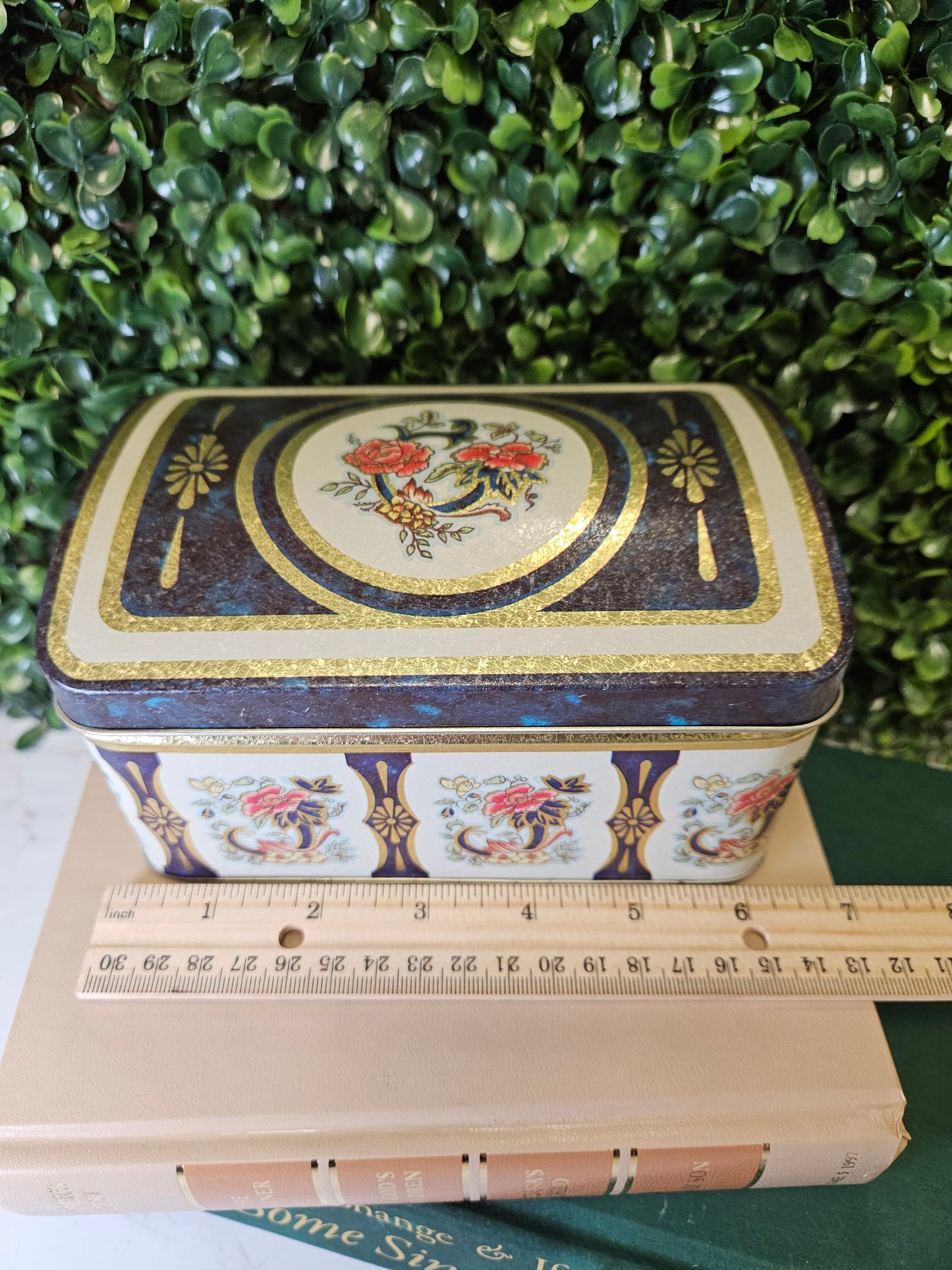 Vintage floral rectangle trunk shape tin - blue - gold trim