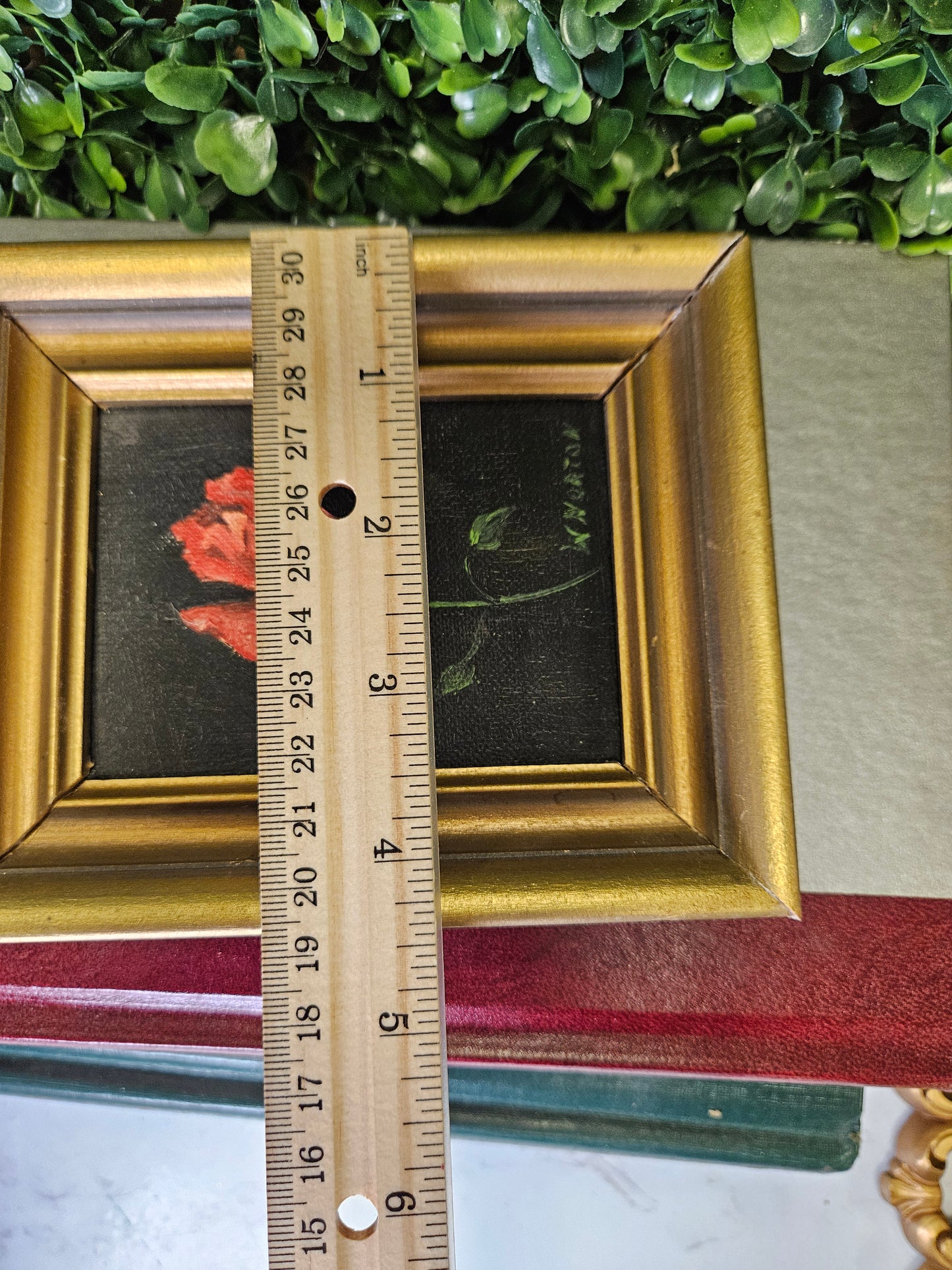 Vintage gold framed red rose painting signed