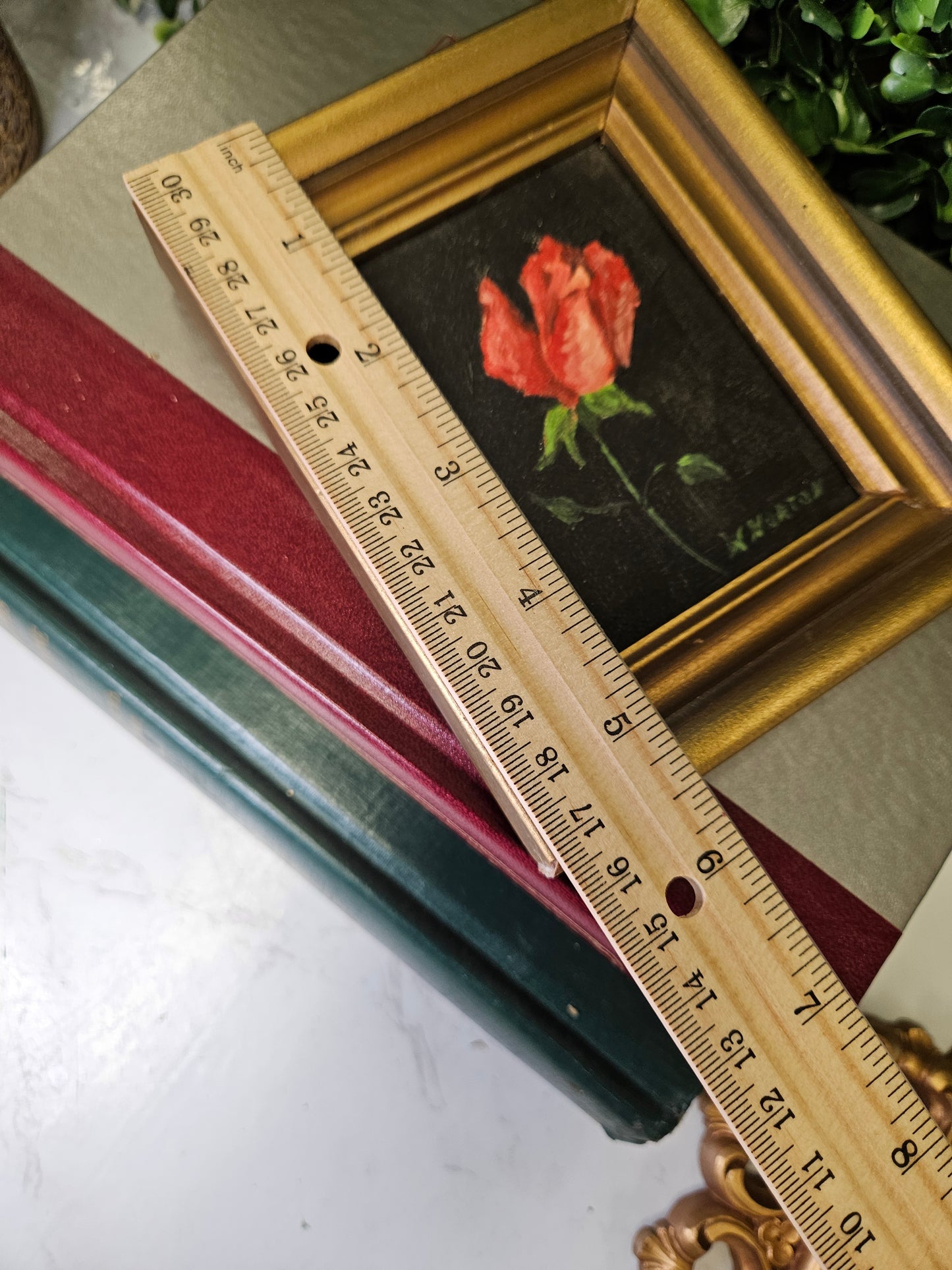 Vintage gold framed red rose painting signed
