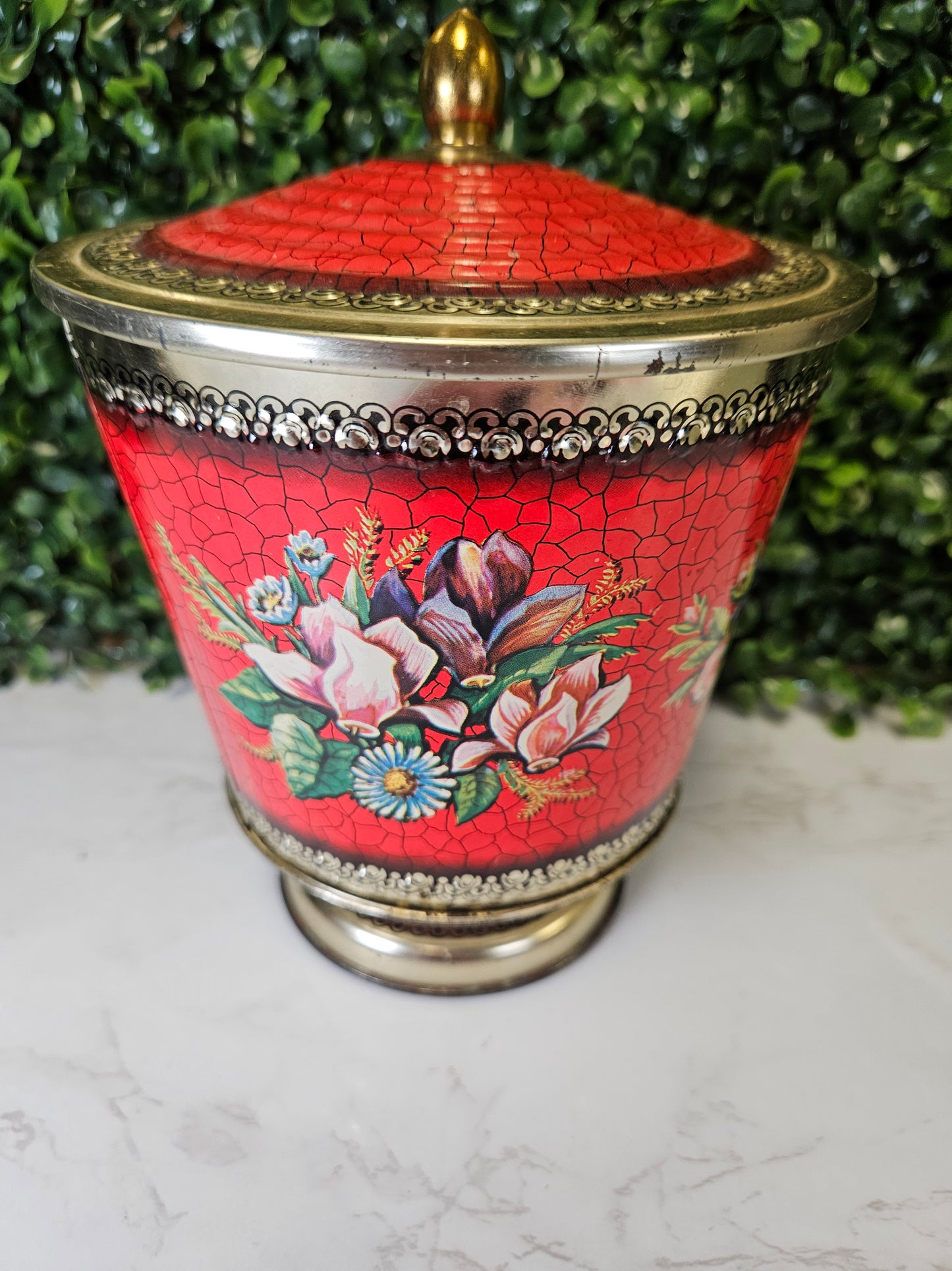 Vtg Red Floral Tin Canister