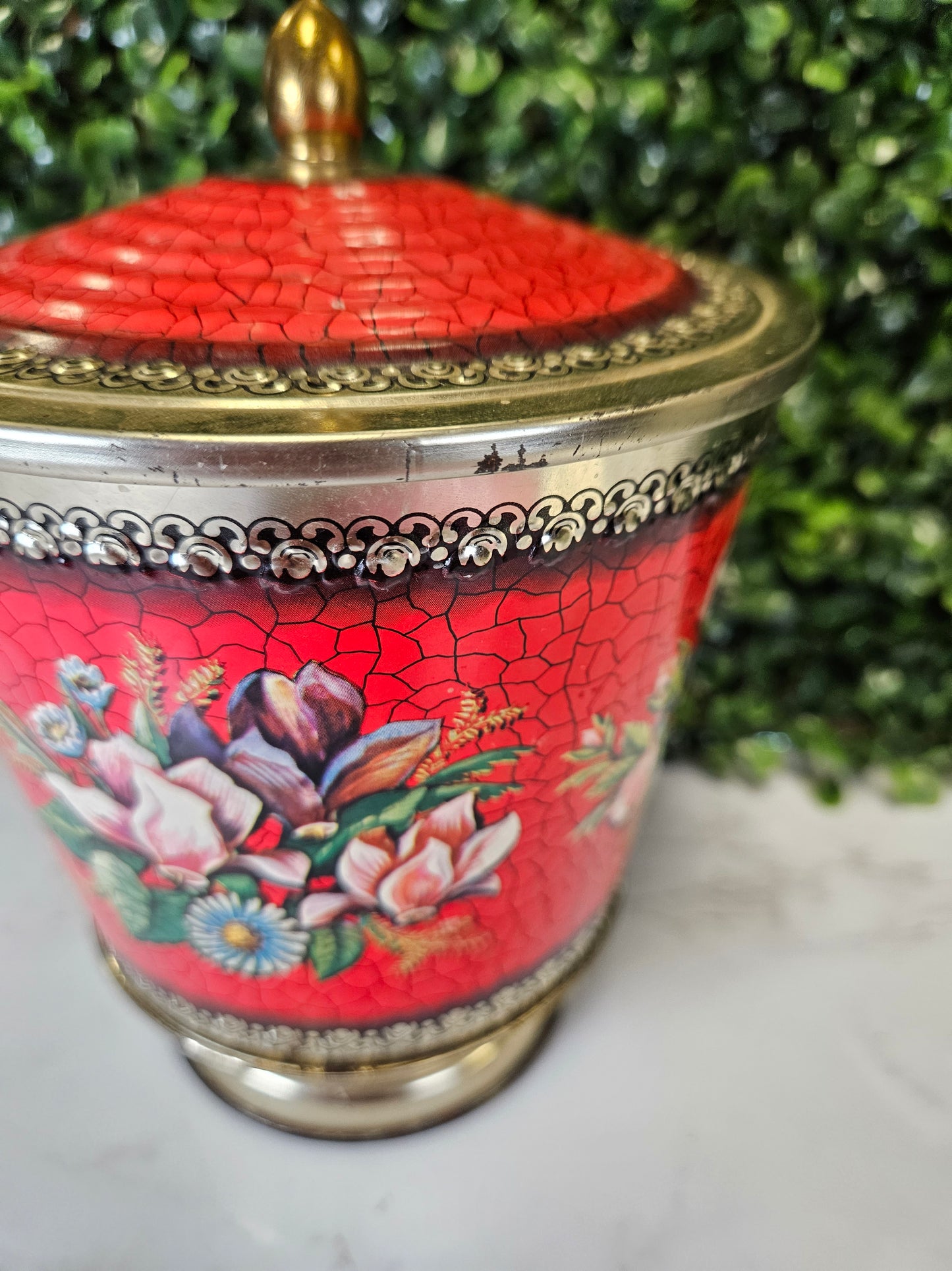 Vtg Red Floral Tin Canister