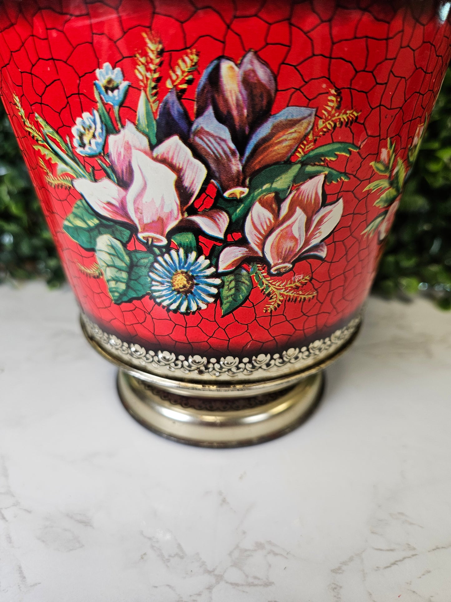 Vtg Red Floral Tin Canister