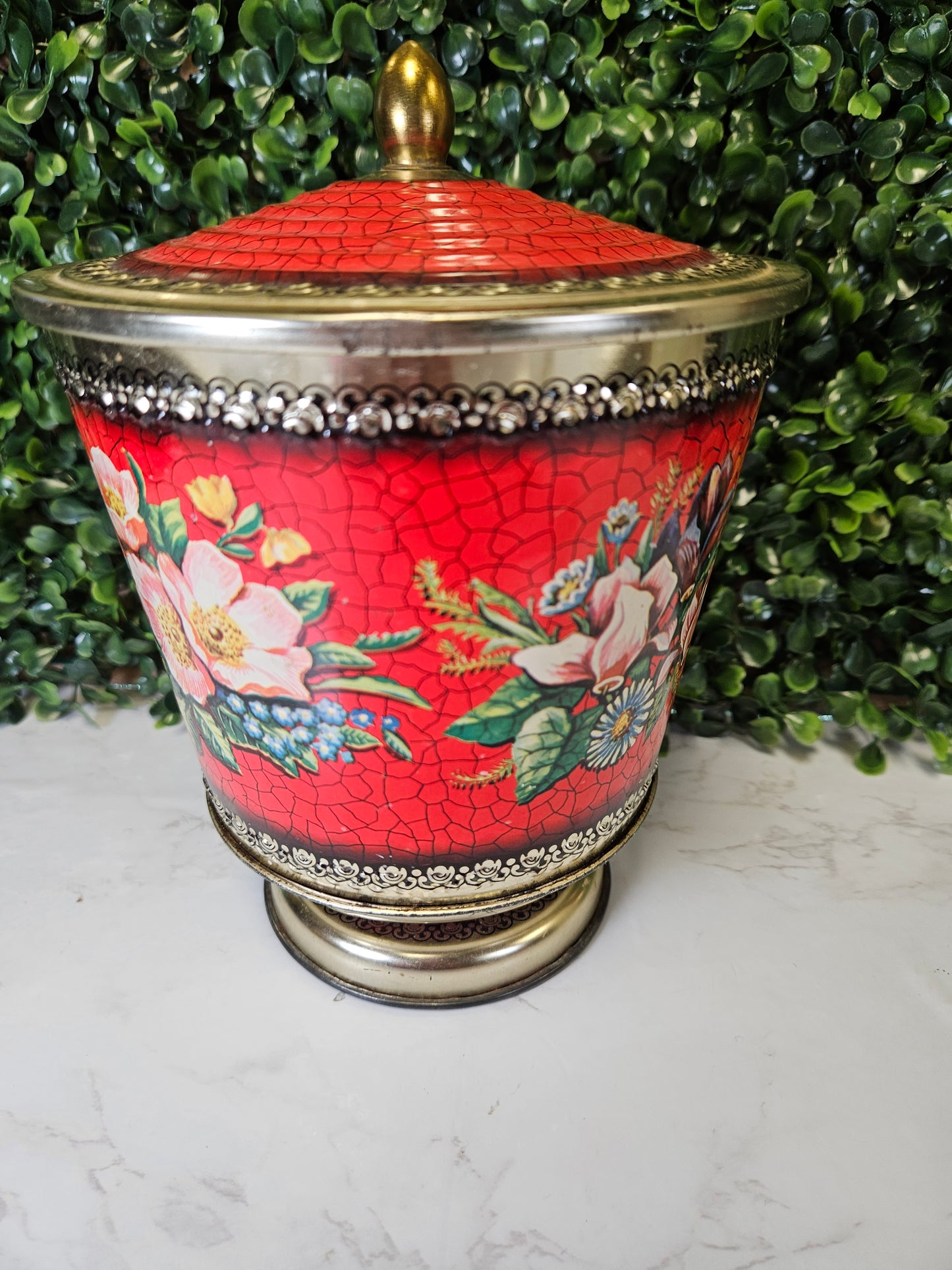 Vtg Red Floral Tin Canister