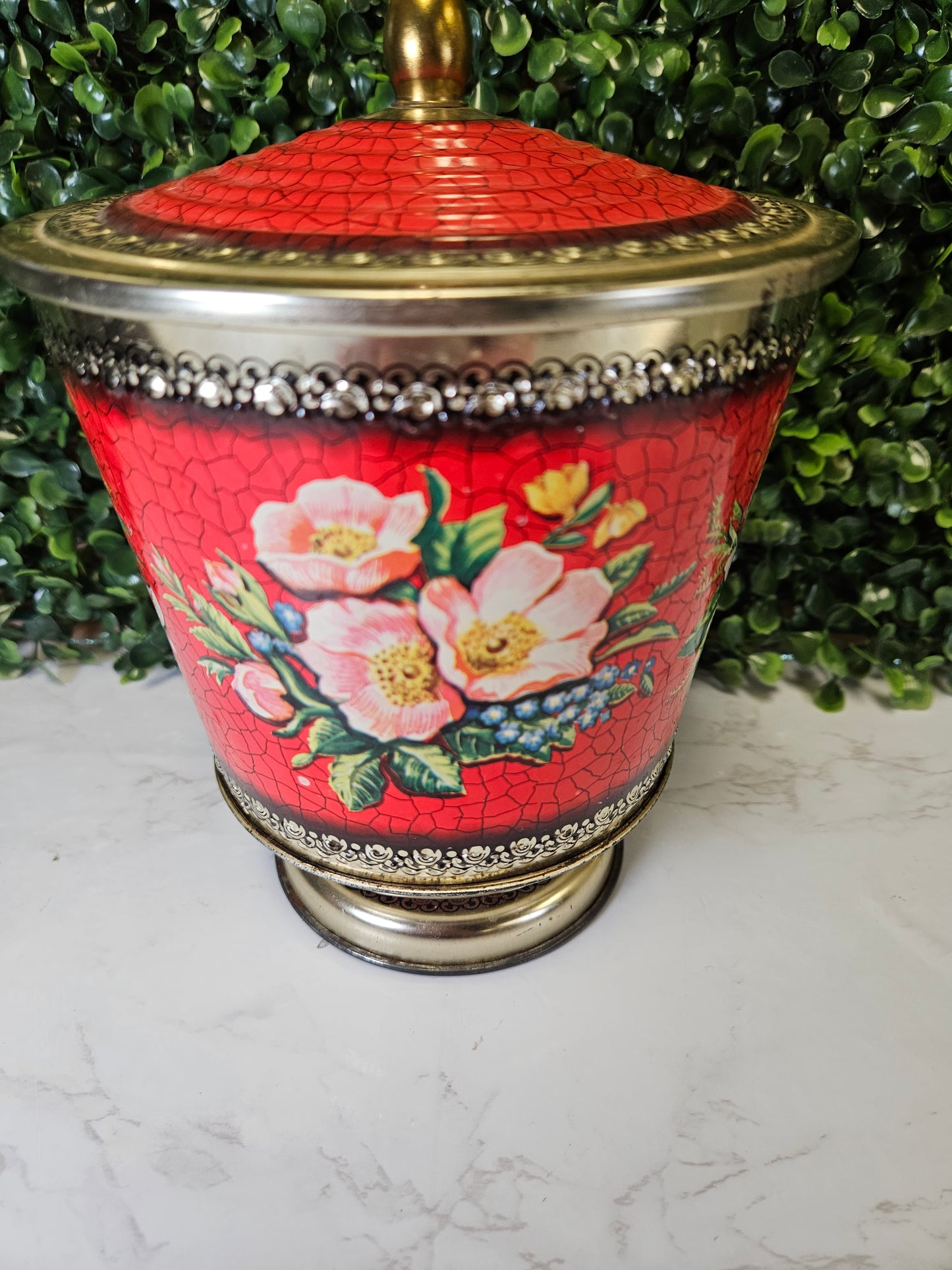Vtg Red Floral Tin Canister