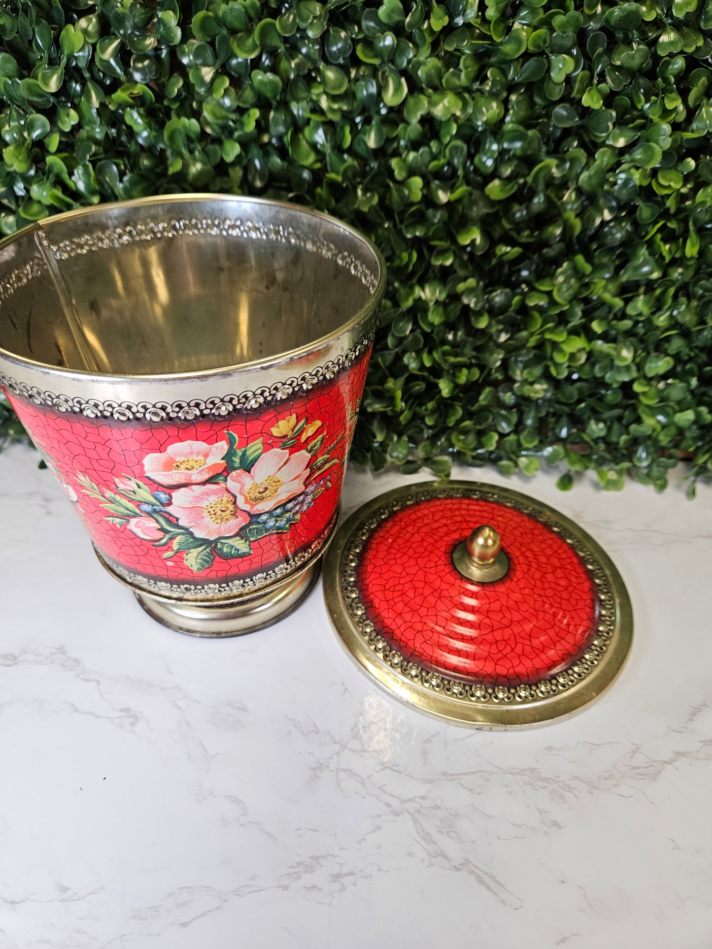 Vtg Red Floral Tin Canister