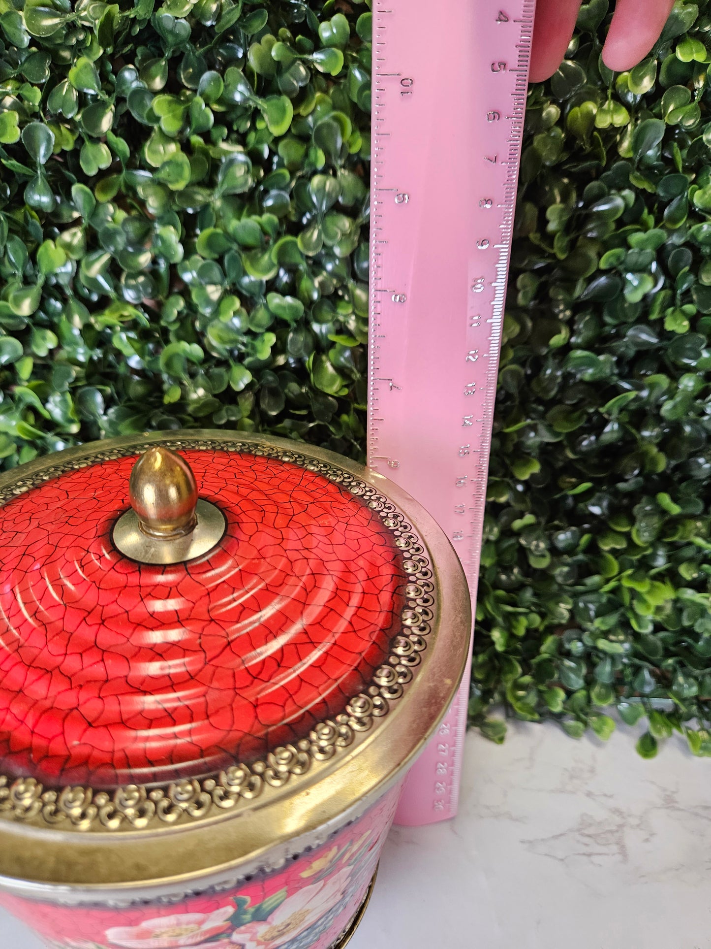 Vtg Red Floral Tin Canister