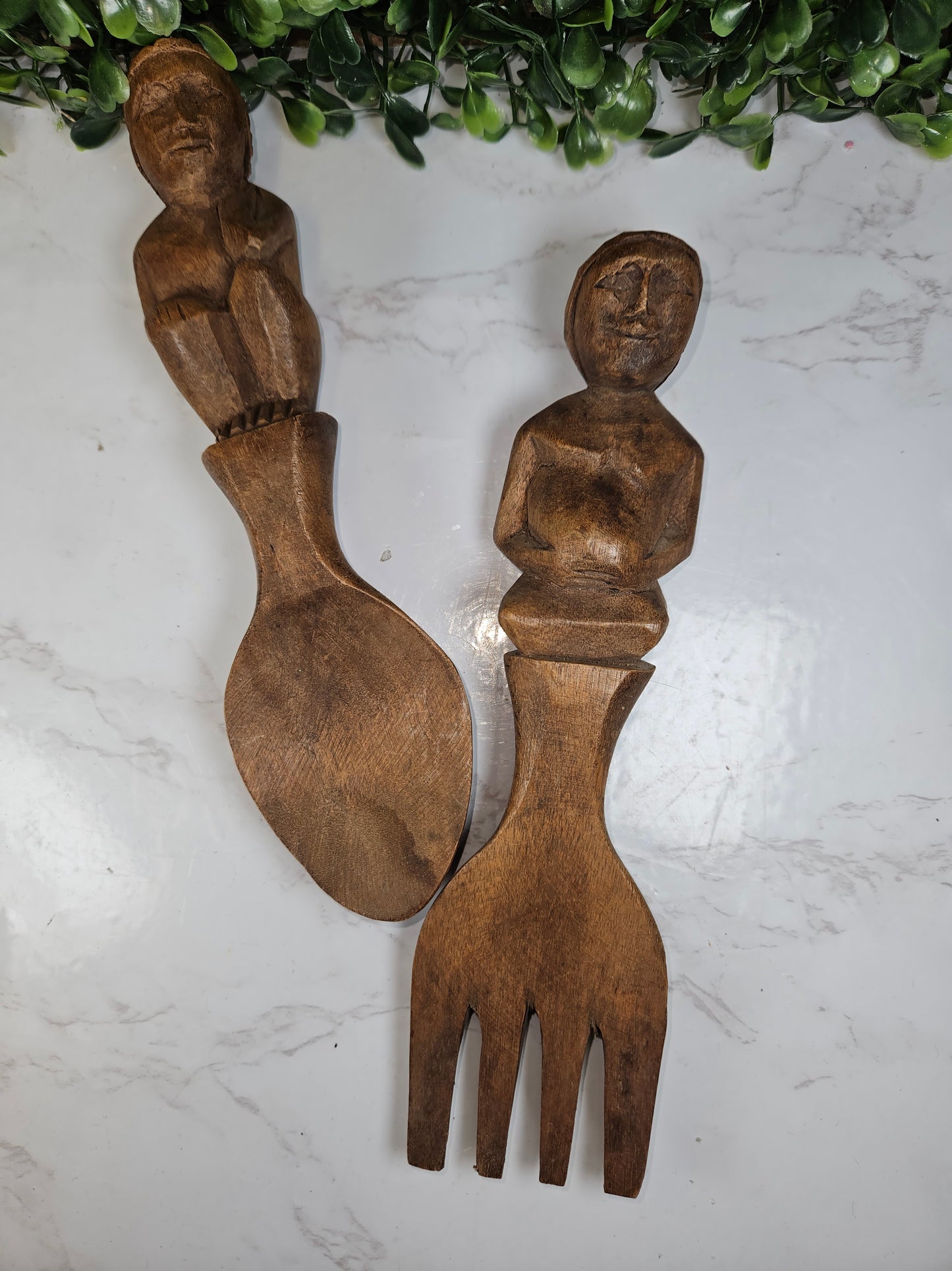 vintage wood carved people figure spoon and fork set