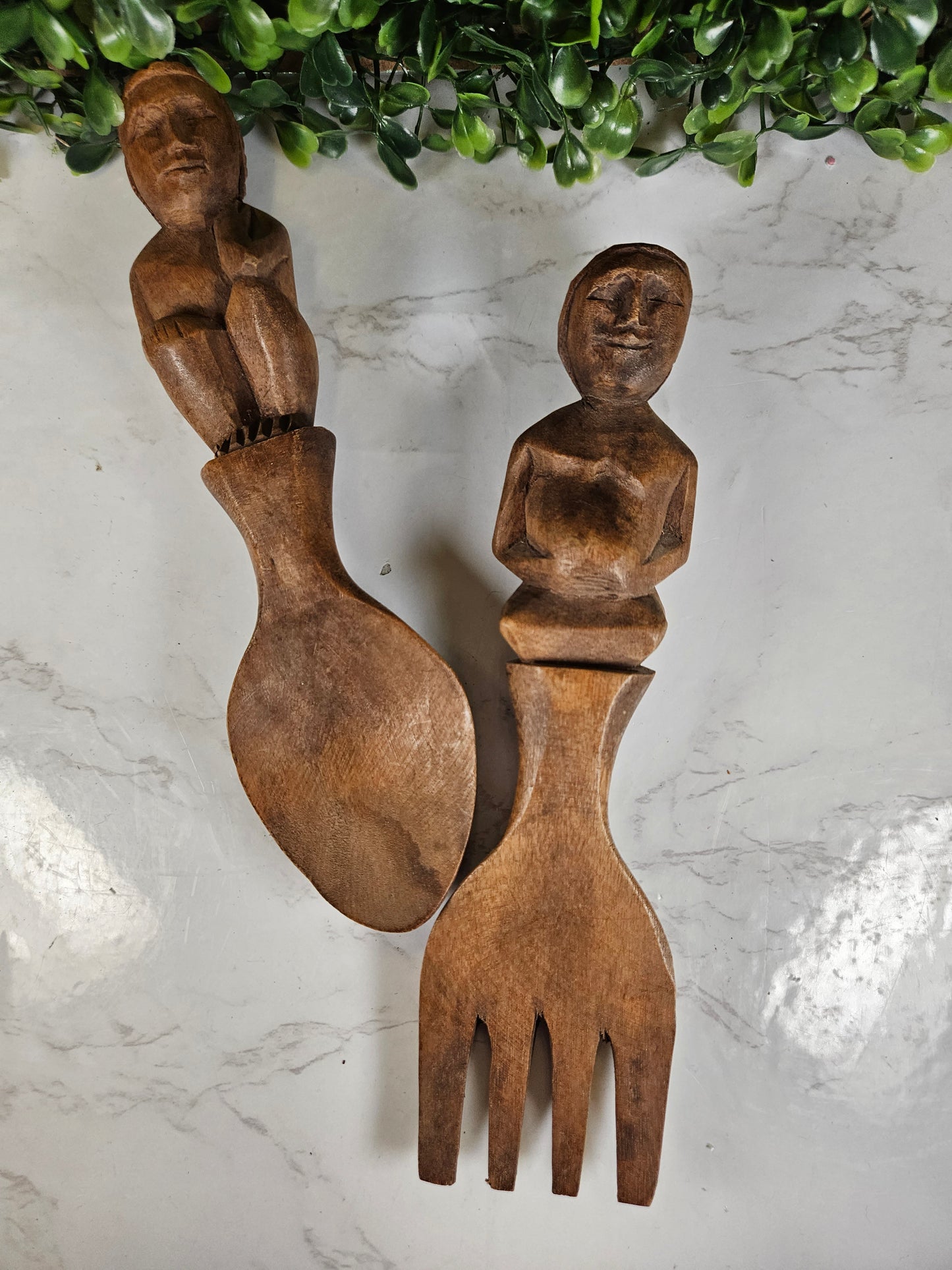 vintage wood carved people figure spoon and fork set