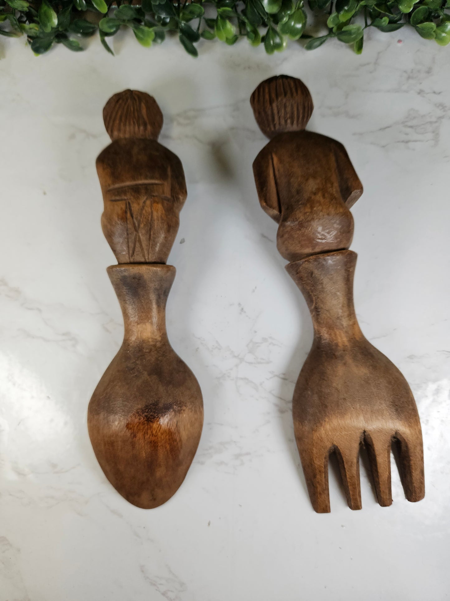 vintage wood carved people figure spoon and fork set