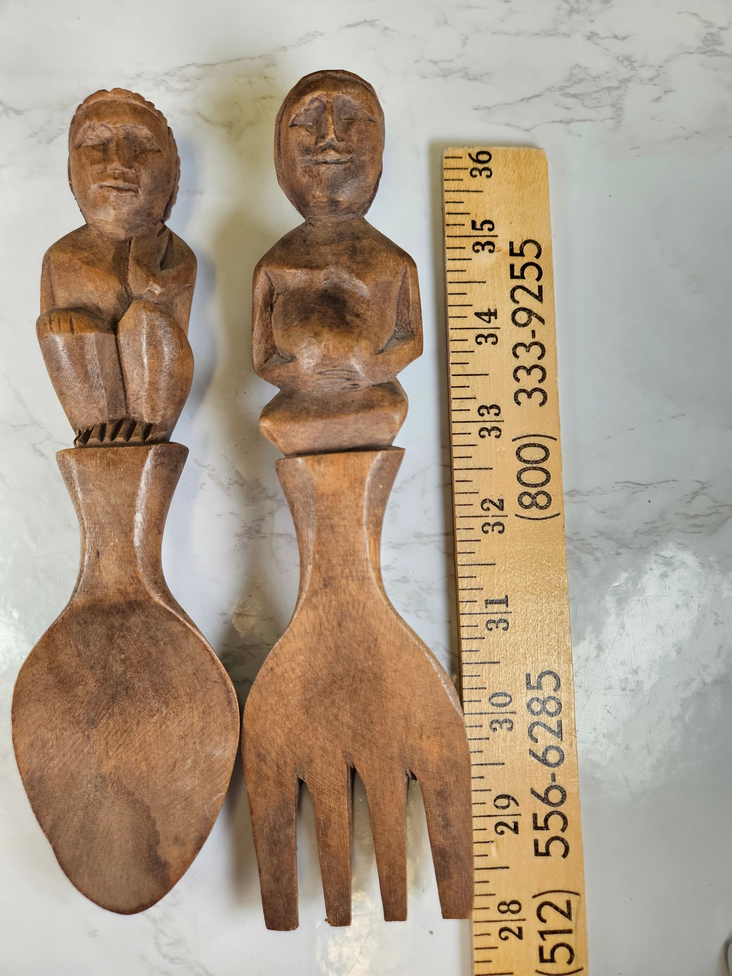 vintage wood carved people figure spoon and fork set