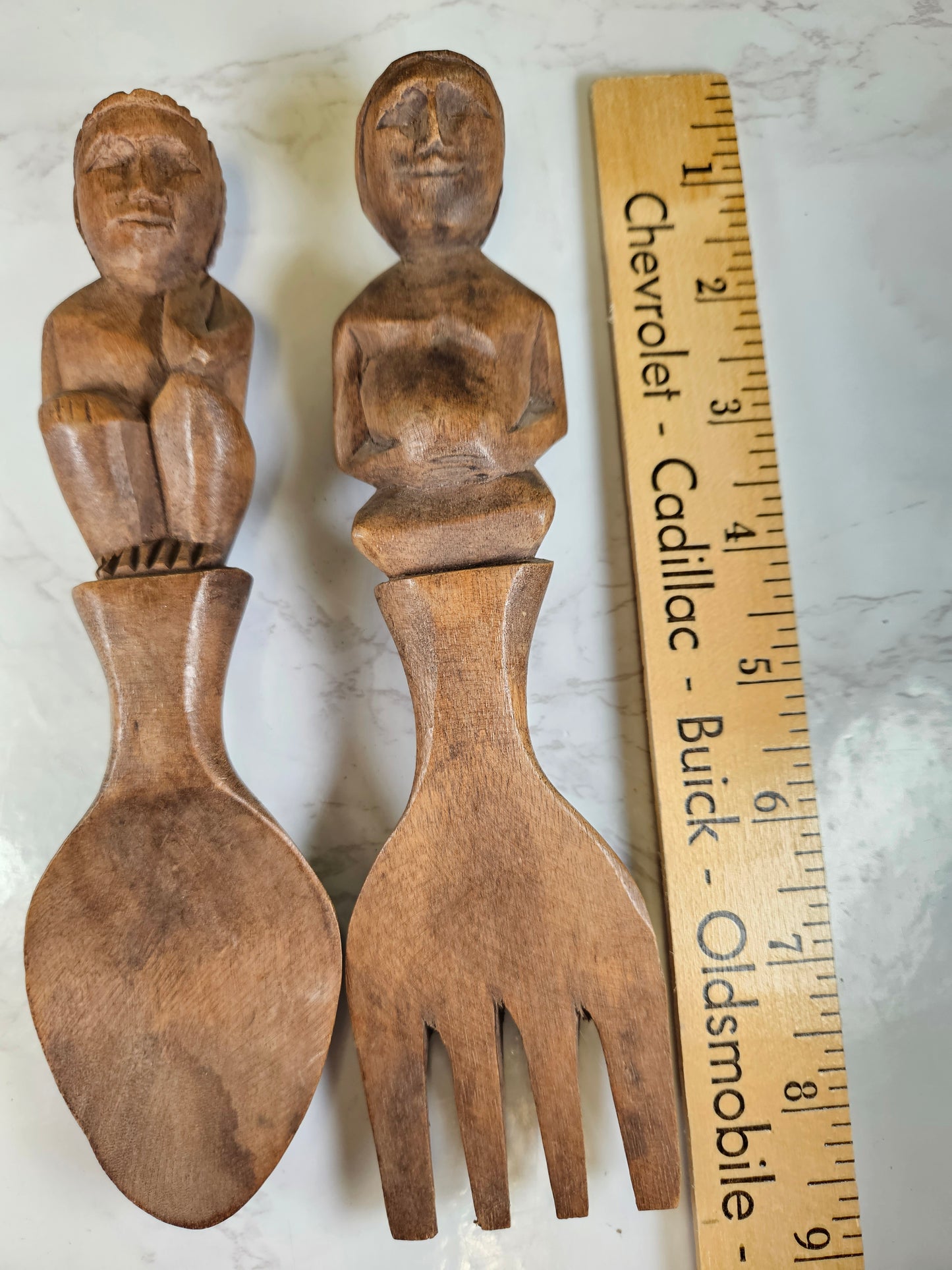 vintage wood carved people figure spoon and fork set