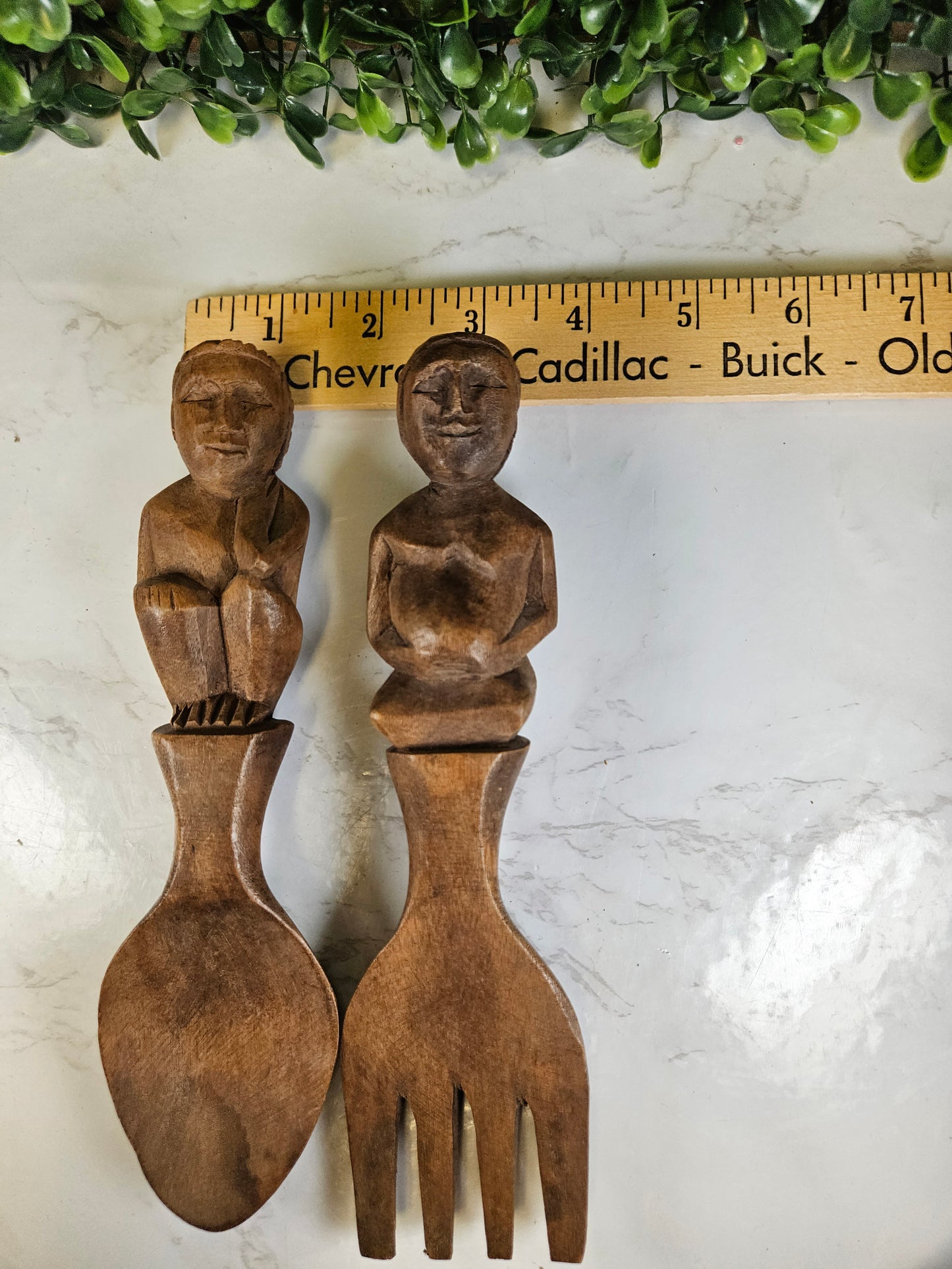 vintage wood carved people figure spoon and fork set