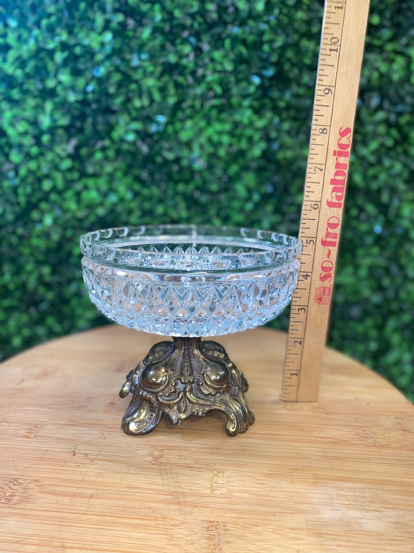 VINTAGE GLASS CANDY DISH WITH BRASS BASE