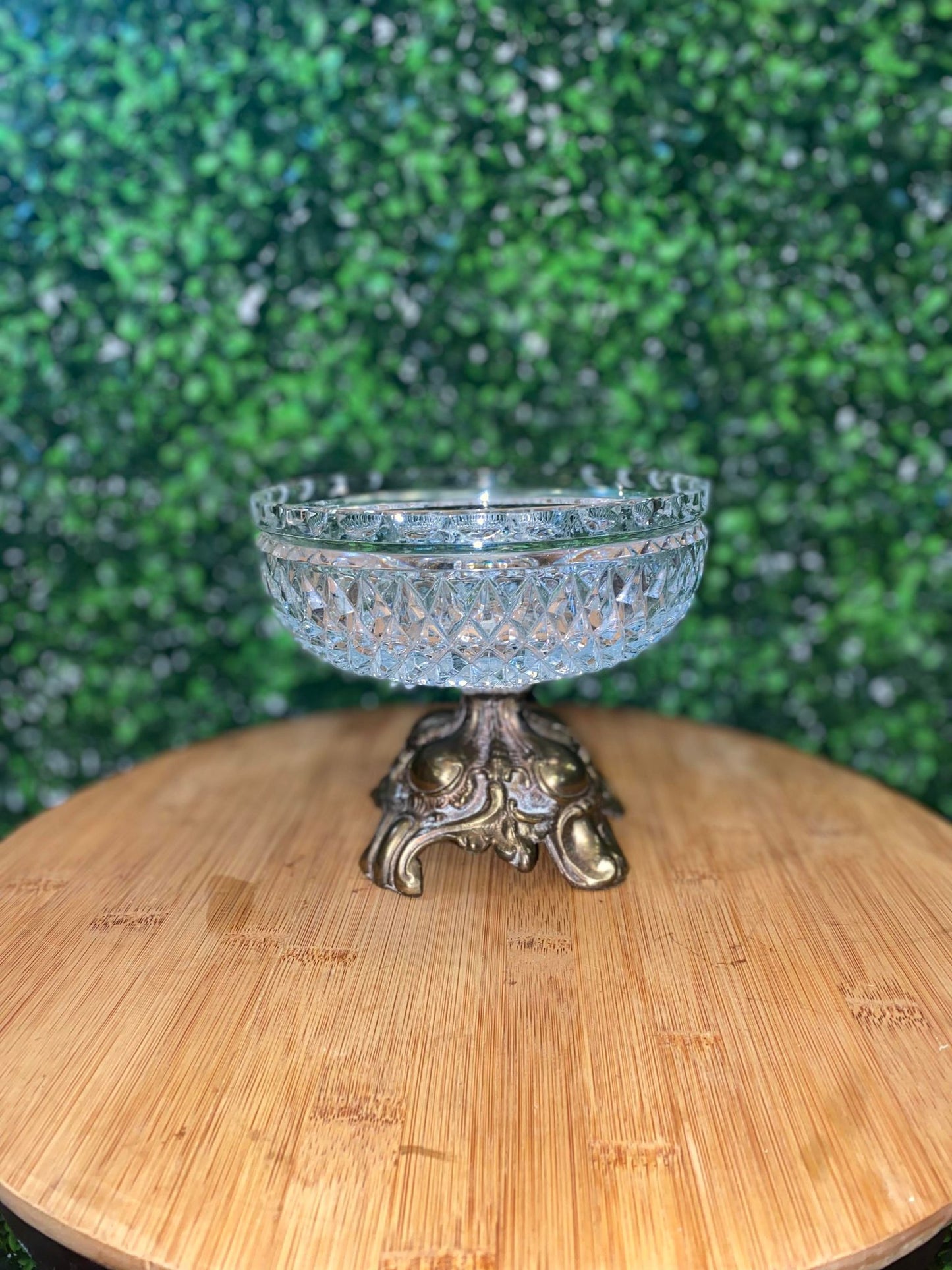 VINTAGE GLASS CANDY DISH WITH BRASS BASE