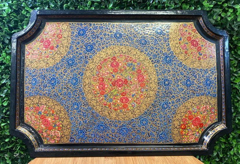 VINTAGE WOODEN HAND PAINTED TRAY FROM INDIA BLUE RED & GOLD