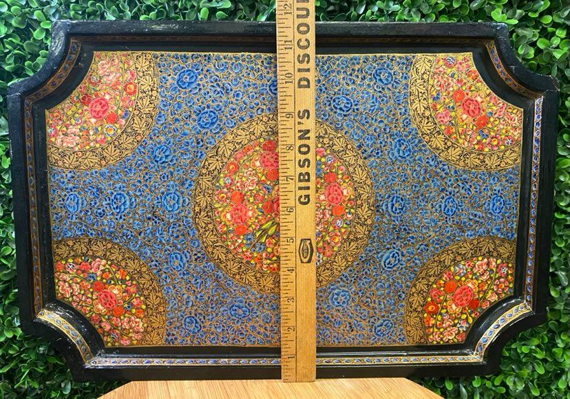VINTAGE WOODEN HAND PAINTED TRAY FROM INDIA BLUE RED & GOLD