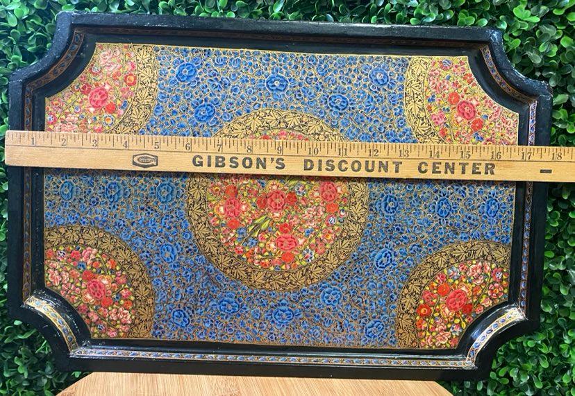 VINTAGE WOODEN HAND PAINTED TRAY FROM INDIA BLUE RED & GOLD