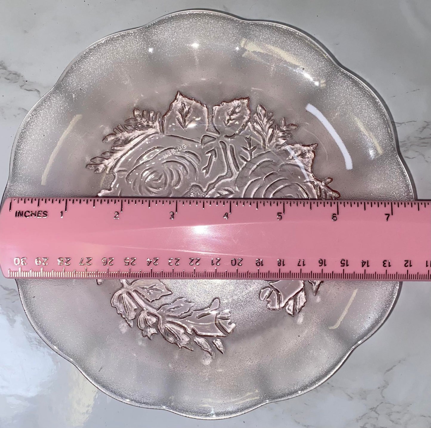 Vintage pressed depression glass rose motif scallop bowl stamped Mexico