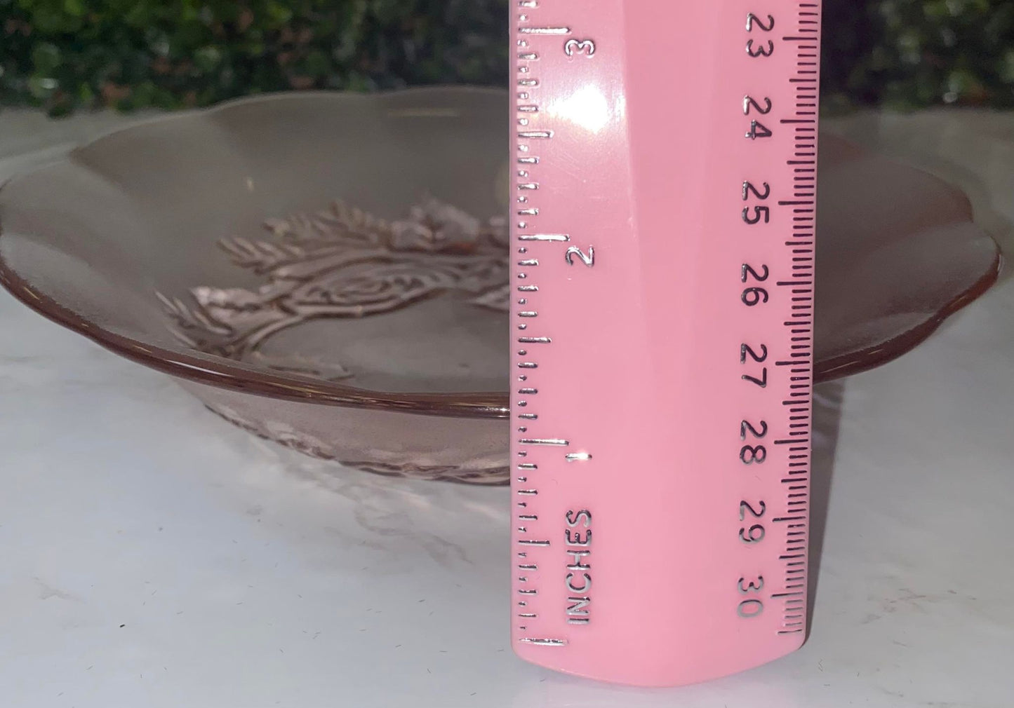 Vintage pressed depression glass rose motif scallop bowl stamped Mexico
