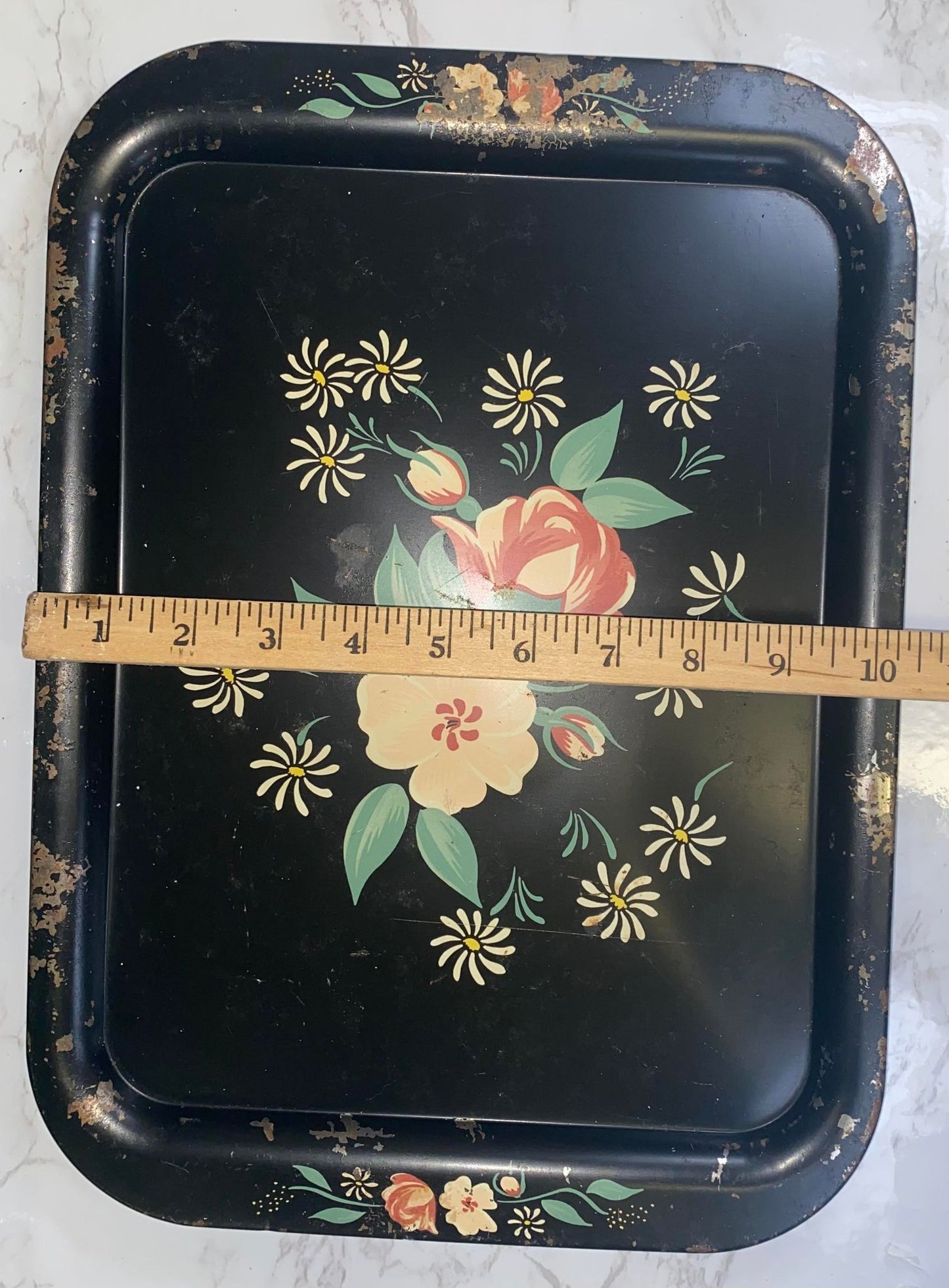 Vintage Hand Painted Black Tray w/Rose floral Tole Motif chippy