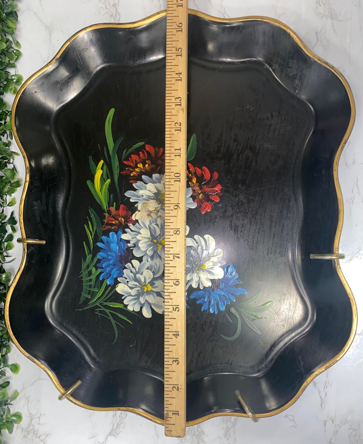 Vintage NASHCO Hand Painted Scalloped Black and Gold Tray w/ floral Tole Motif