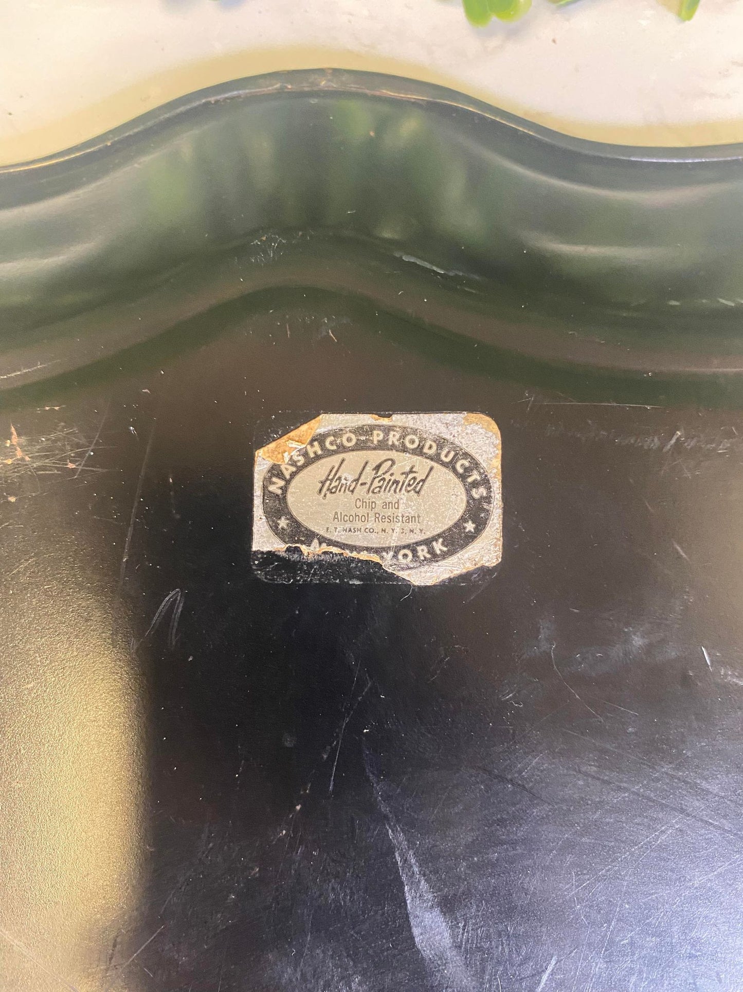 Vintage NASHCO Hand Painted Scalloped Black and Gold Tray w/ floral Tole Motif