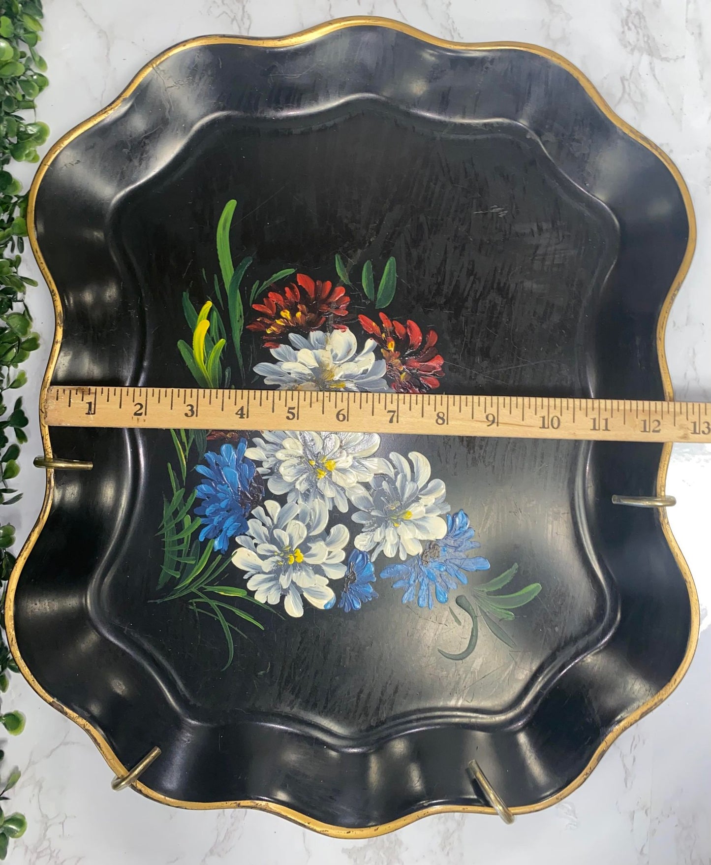 Vintage NASHCO Hand Painted Scalloped Black and Gold Tray w/ floral Tole Motif
