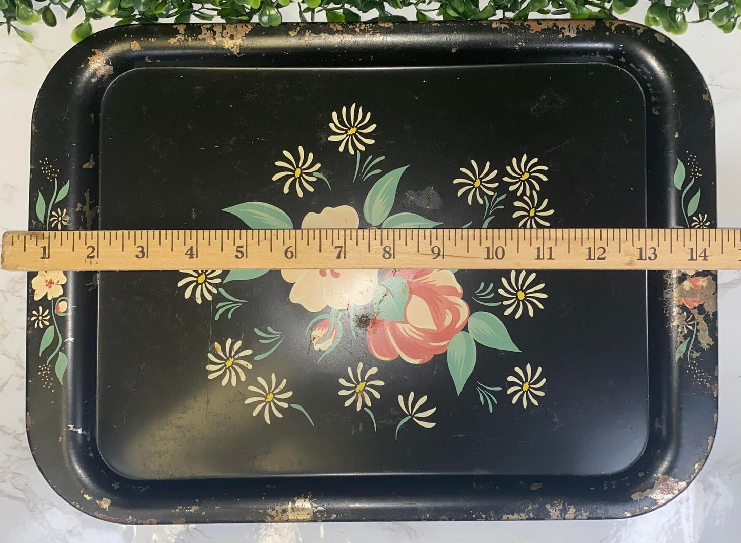 Vintage Hand Painted Black Tray w/Rose floral Tole Motif chippy