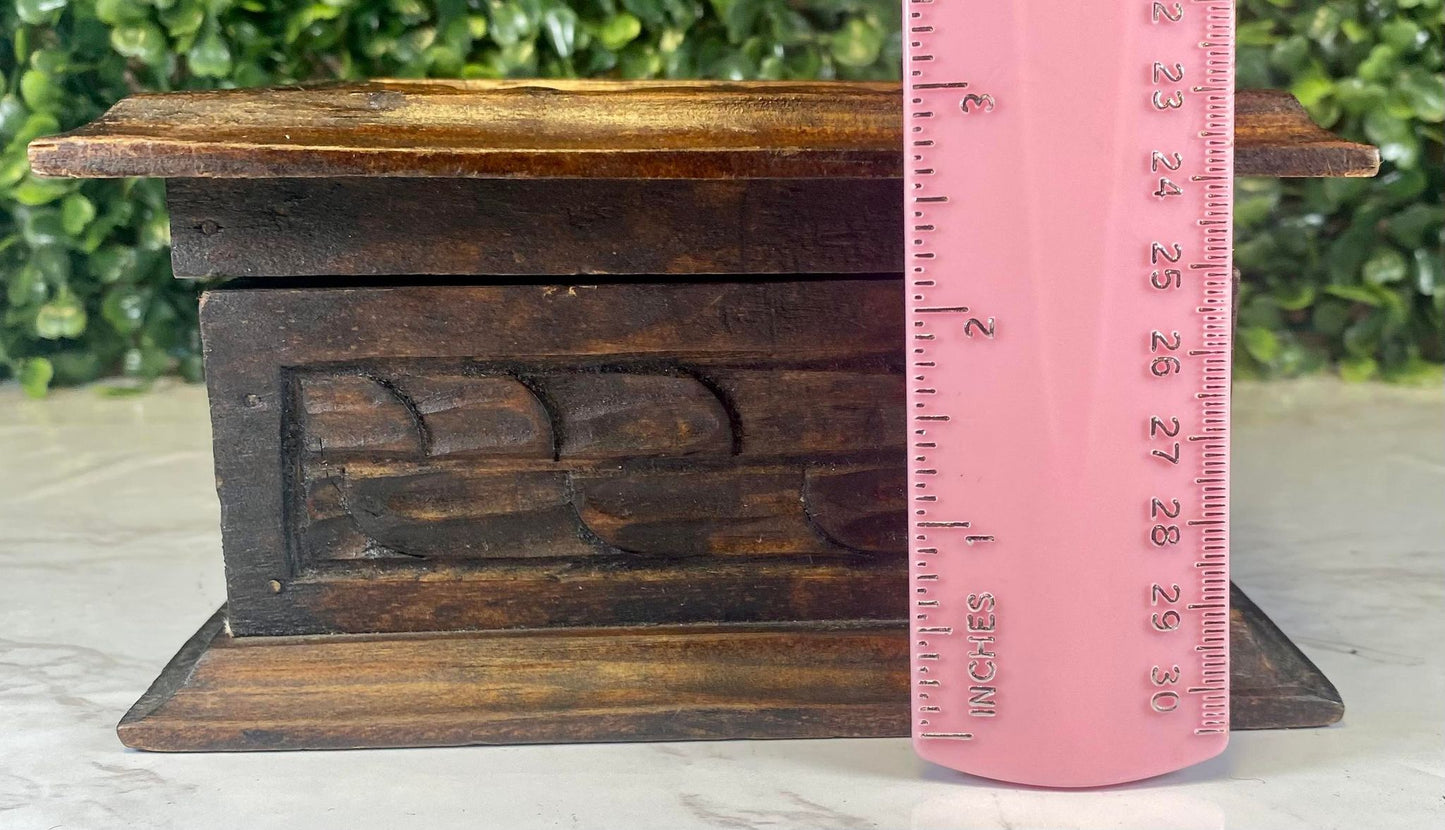 Vintage hand carved wood trinket box with lid - wood carved flower motif on top - mexico