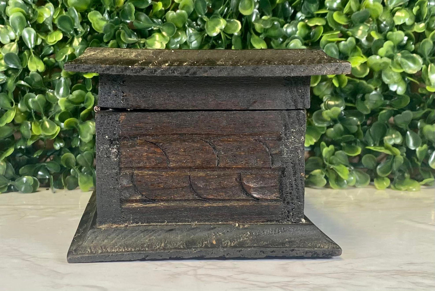 Vintage hand carved wood trinket box with lid - wood carved flower motif on top - mexico
